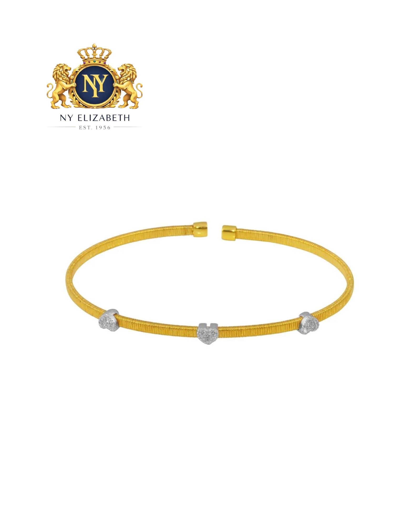 GOLD PLATED 925 STERLING SILVER THREE HEART OPEN BANGLE: Gold Plated 925 Sterling Silver Three Heart Open Bangle Metal: 925 Sterling Silver Plating: Nickel Free Gold Plated Stone: Cubic Zirconia Stones Length: Adjustable Accessories: None Notice: When pu