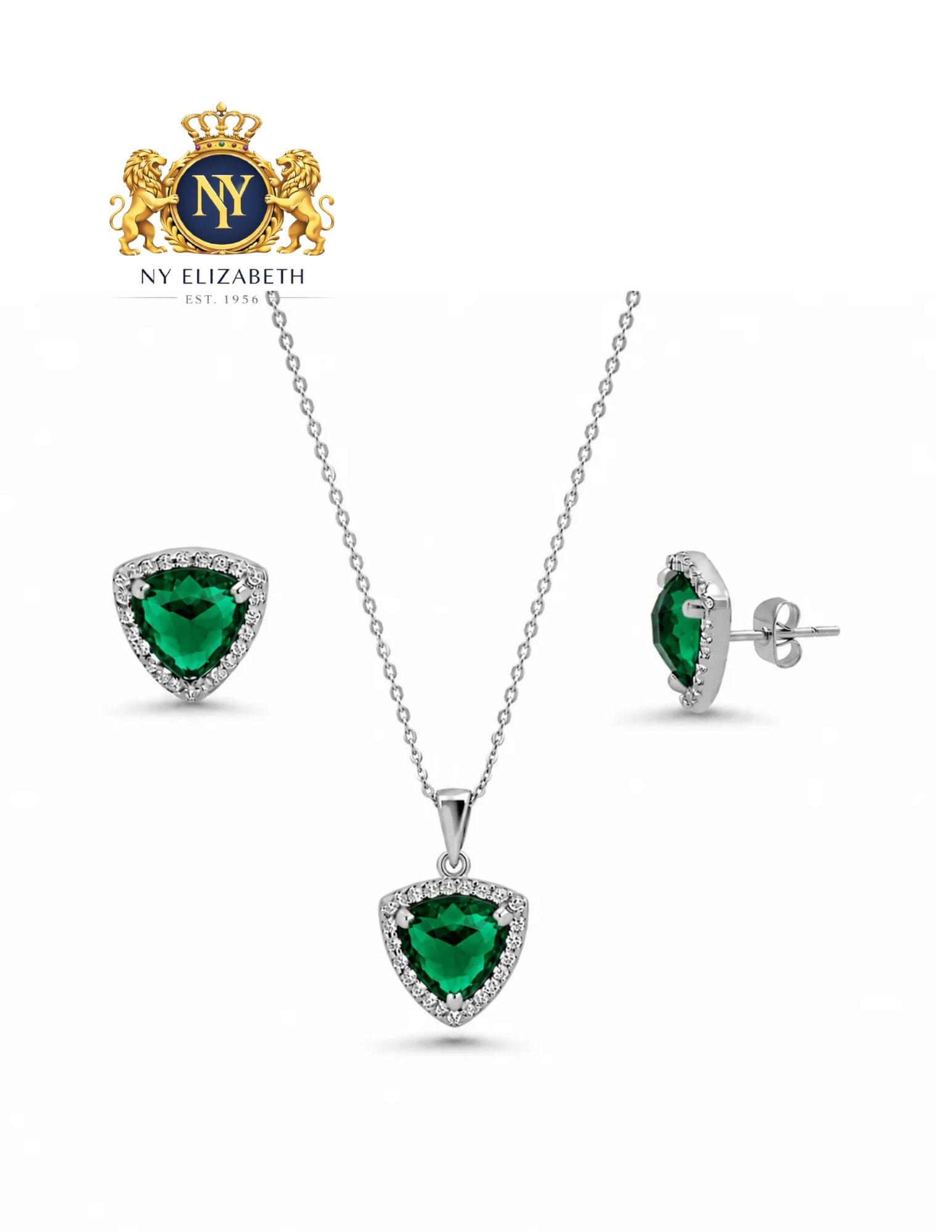 RHODIUM PLATED 925 STERLING SILVER BIRTSTONE TRIANGLE EARRING & PENDANT SET: Rhodium Plated 925 Sterling Silver Birtstone CZ Triangle Earring & Pendant Set Metal: 925 Sterling Silver Plating: Nickel Free Rhodium Plated Stone: Green Cubic Zirconia Stones Dimensions: Pendant -