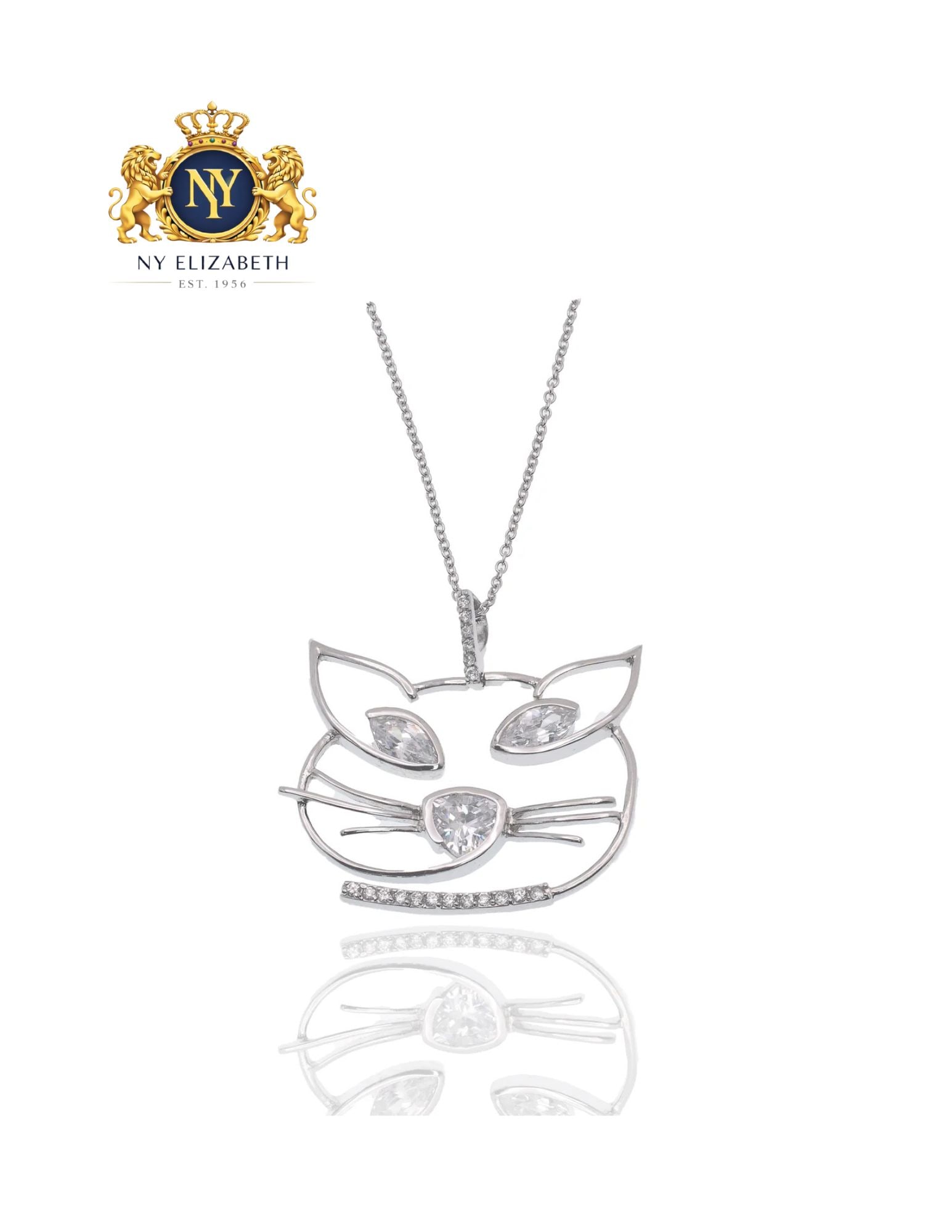 RHODIUM PLATED 925 STERLING SILVER WHIMSICAL CAT FACE MARQUISE CLEAR NECKLACE: Rhodium Plated 925 Sterling Silver Whimsical Cat Face Marquise Clear CZ Necklace Metal: 925 Sterling Silver Plating: Rhodium Plated Stone: CZ Stone Dimensions: 41.5mm x 35mm Length: 16Inches + 2Inches