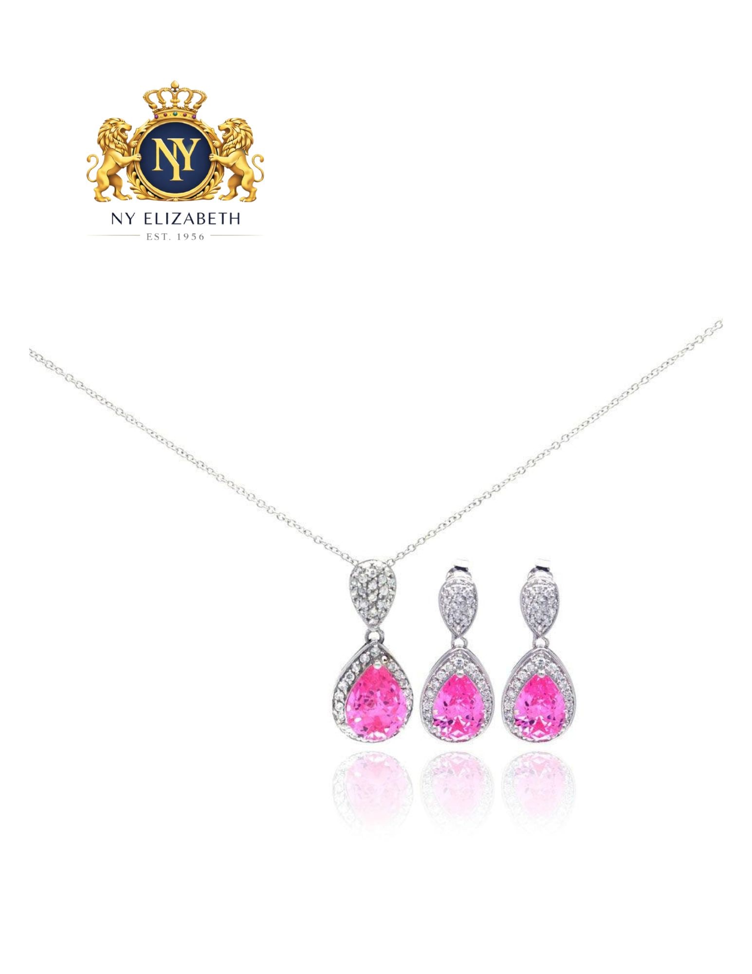 SILVER 925 RHODIUM PLATED PINK EARRING AND NECKLACE SET: Silver 925 Rhodium Plated Pink CZ Earring and Necklace Set Metal: 925 Sterling Silver Plating: Nickel Free Rhodium Plated Stone: CZ Stones Dimensions: 26mm x 12mm Length: None Accessories: None