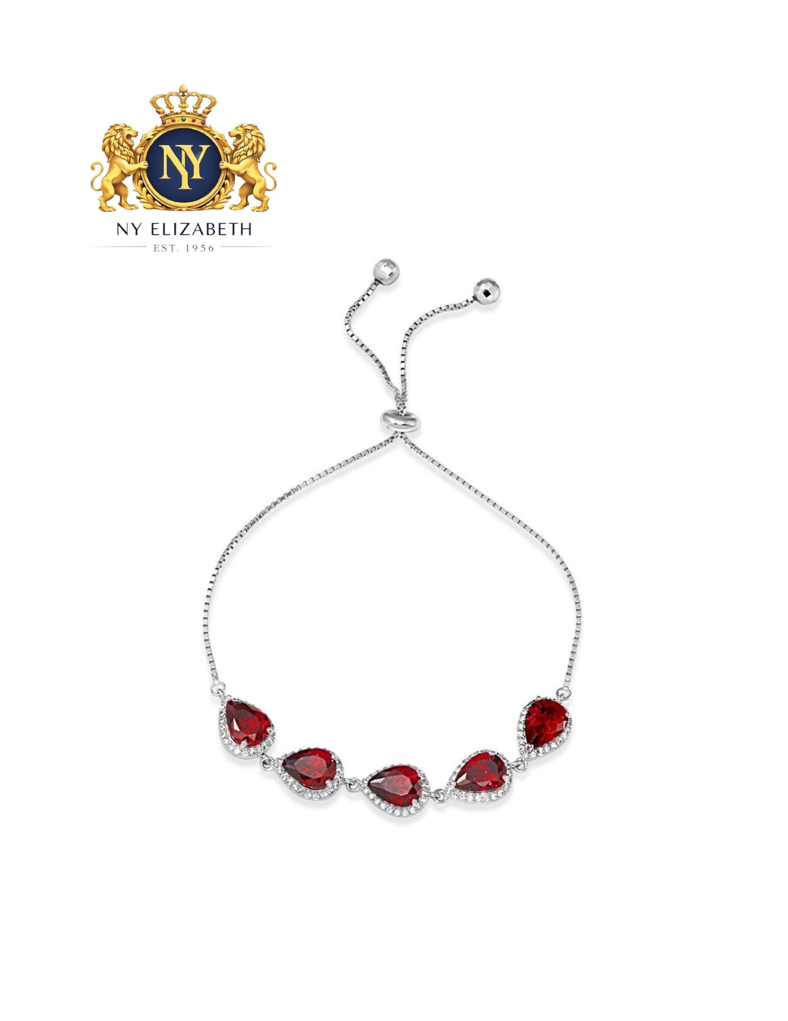 RHODIUM PLATED 925 STERLING SILVER RED PEAR AND CLEAR ROUND LARIAT BRACELET (1 of 3)