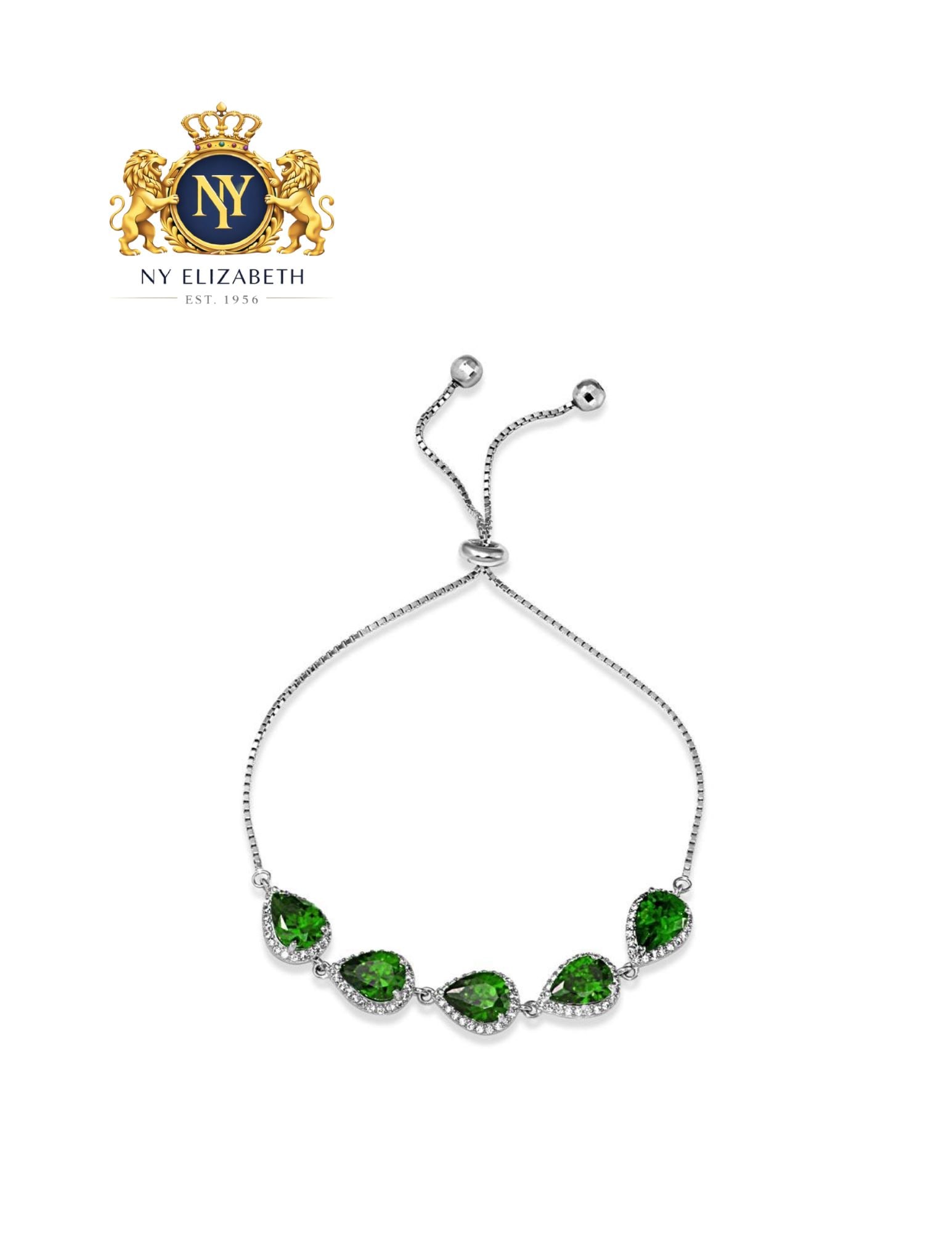 RHODIUM PLATED 925 STERLING SILVER GREEN PEAR AND CLEAR ROUND LARIAT BRACELET (1 of 3)