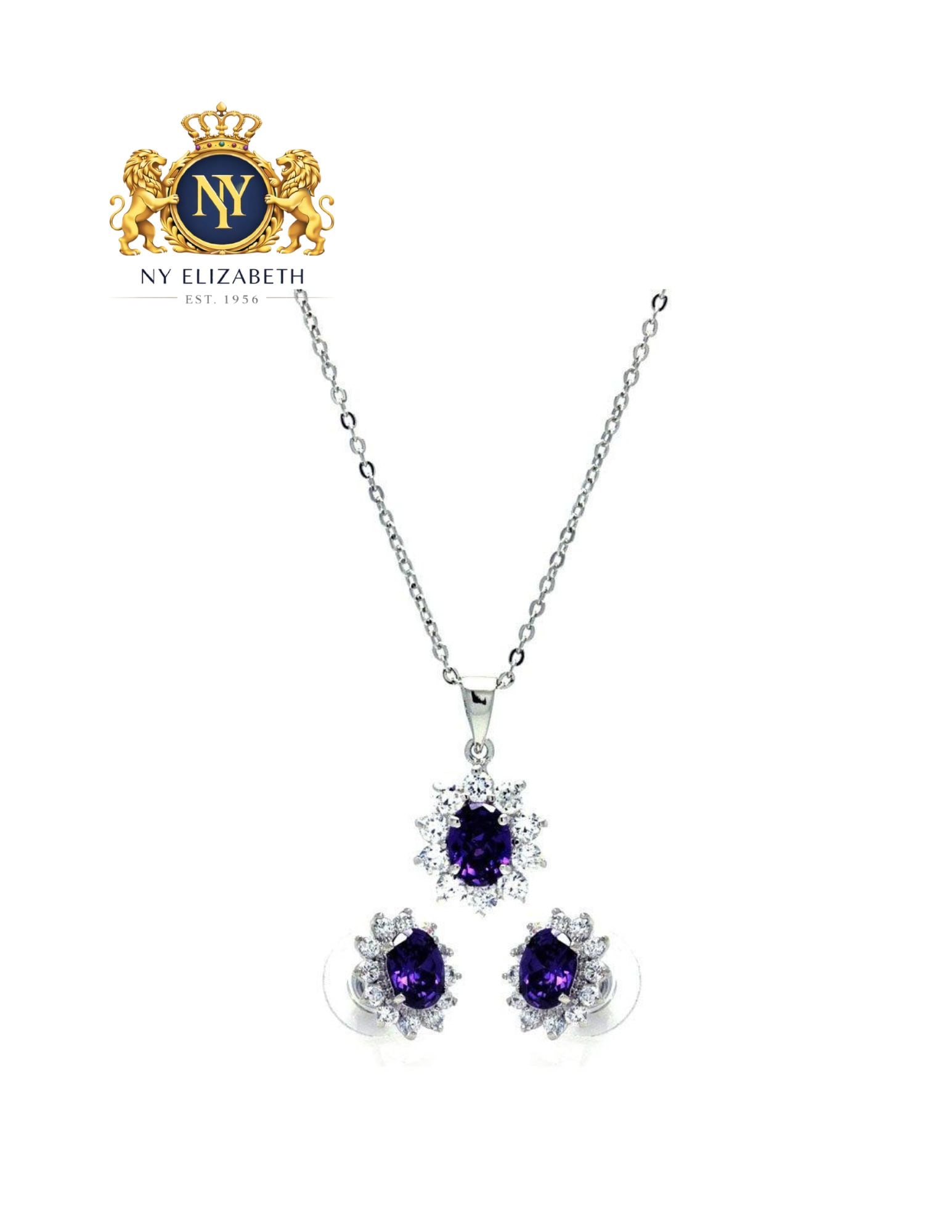 SILVER 925 RHODIUM PLATED PURPLE AND CLEAR FLOWER EARRING AND NECKLACE SET: Silver 925 Rhodium Plated Purple and Clear Flower CZ Earring and Necklace Set Metal: 925 Sterling Silver Plating: Nickel Free Rhodium Plated Stone: Cubic Zirconia Stones Length: 16 + 2 Inches Extensio