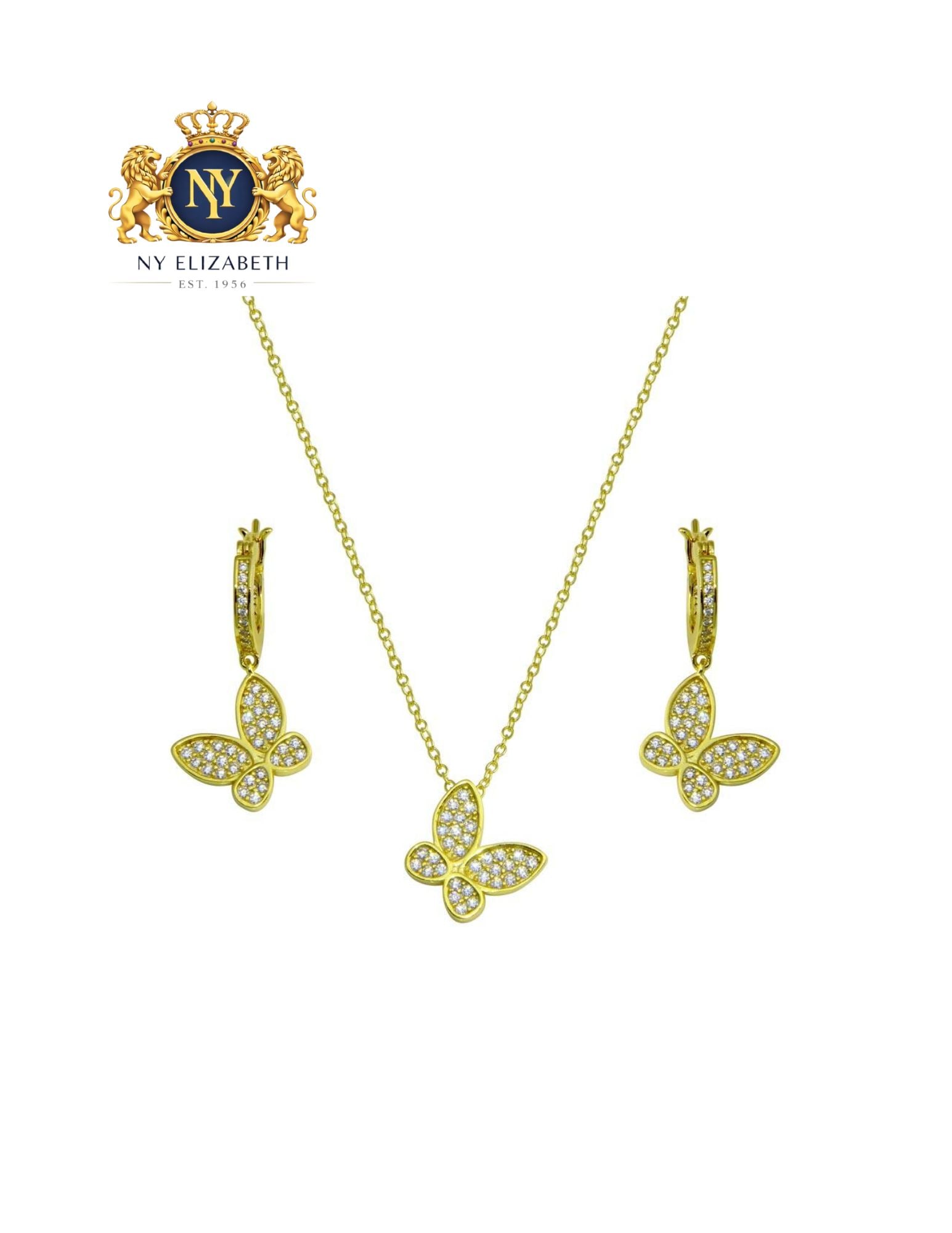 GOLD PLATED 925 STERLING SILVER BUTTERFLY SETS: Gold Plated 925 Sterling Silver Butterfly CZ Sets Metal: 925 Sterling Silver Plating: Nickel Free Rhodium Plated Stone: 102 Clear Stone Dimensions: Earring Dimensions 12.1mm x 27.2mmPendant Dimensions
