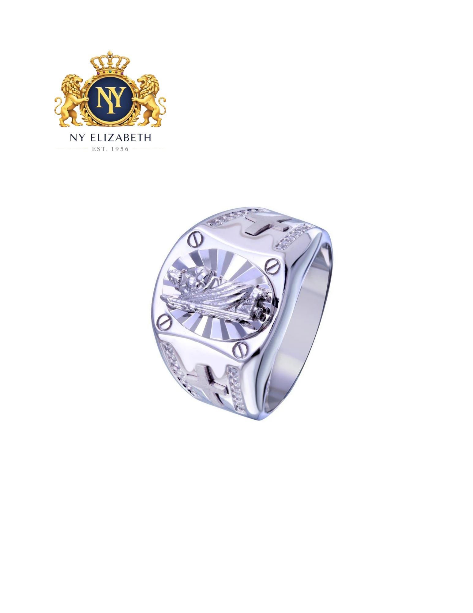 RHODIUM PLATED 925 STERLING SILVER SAINT JUDE RING: Rhodium Plated 925 Sterling Silver Saint Jude CZ Ring Metal: 925 Sterling Silver Plating: Nickel Free Rhodium Plated Stone: CZ Stones Ring Size:: 9 US Accessories: None Notice: When purchasing pre-
