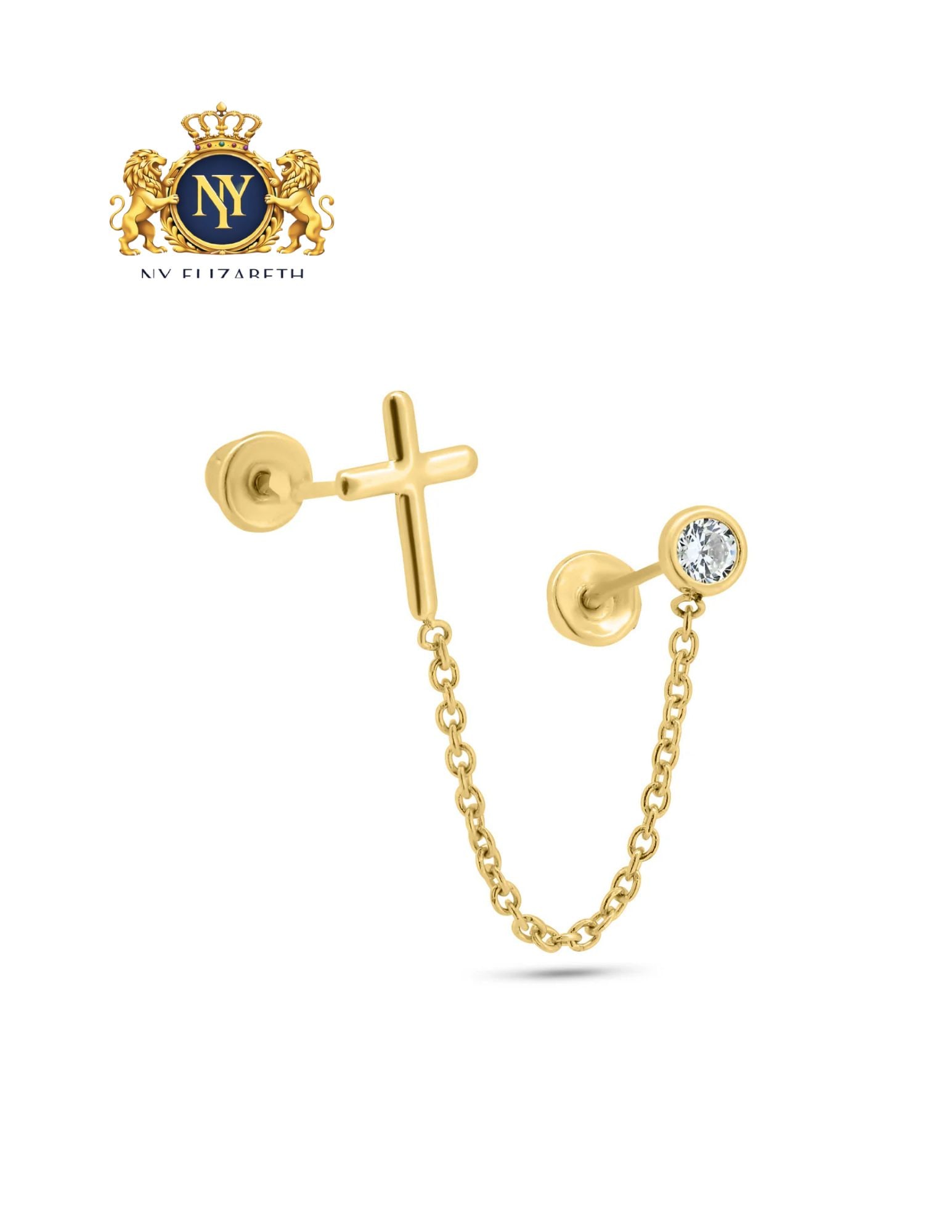 14 KARAT YELLOW GOLD DOUBLE PIERCING CROSS AND ROUND CLEAR EARRINGS: 14 Karat Yellow Gold Double Piercing Cross and Round Clear CZ Earrings Metal: 14 Karat Gold Dimensions: Cross 5.1mm x 7.6mm | Chain 25mm Length: None Accessories: None Notice: When purchasing pre-owne