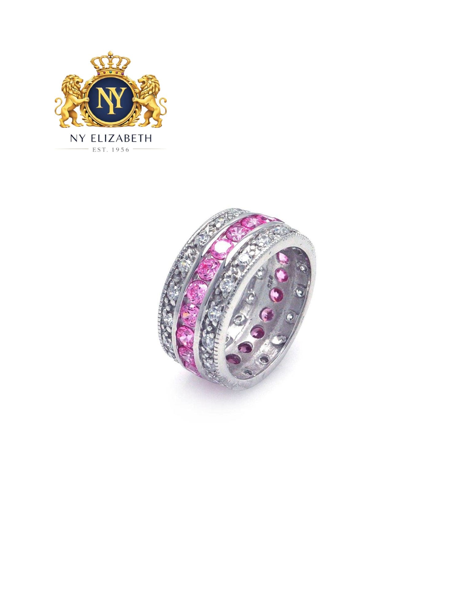 SILVER 925 RHODIUM PLATED CLEAR AND PINK CHANNEL RING: Silver 925 Rhodium Plated Clear and Pink CZ Channel Ring Metal: 925 Sterling Silver Plating: Nickel Free Rhodium Plated Stone: Clear & Pink CZ Ring Size:: 6 US Accessories: None Notice: When purcha