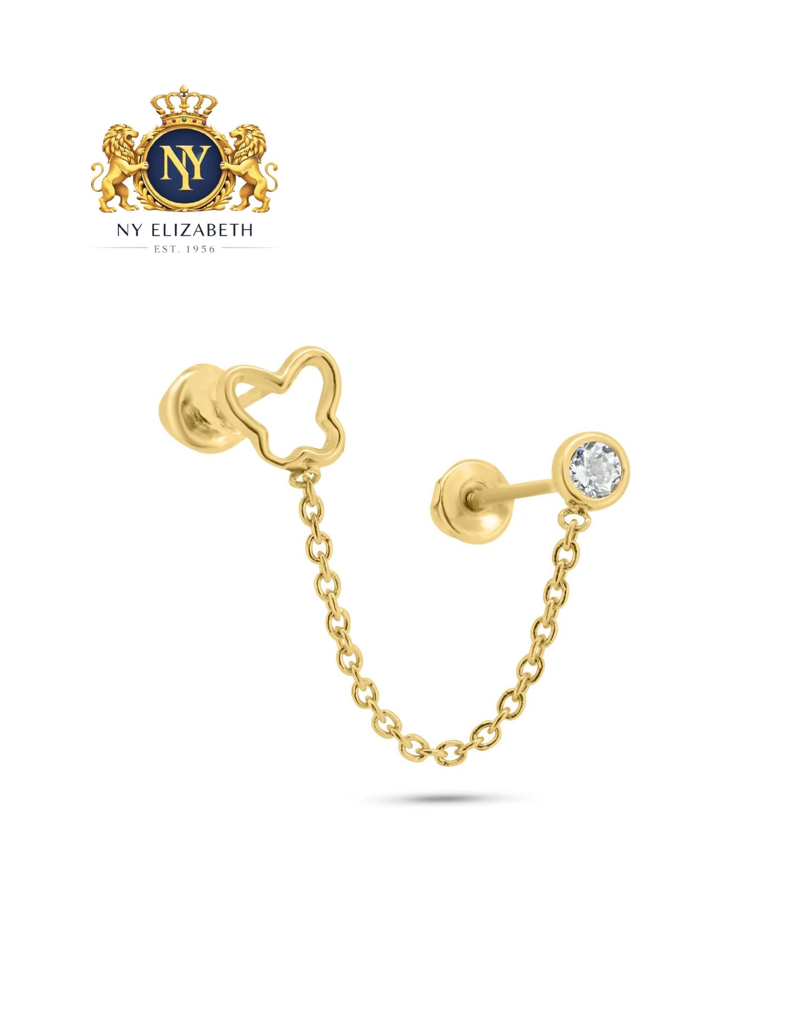14 KARAT YELLOW GOLD DOUBLE PIERCING BUTTERFLY OUTLINE AND ROUND EARRINGS: 14 Karat Yellow Gold Double Piercing Butterfly Outline and Round CZ Earrings Metal: 14 Karat Gold Dimensions: Butterfly 4.7mm x 4.5mm / 2.8mm /1" Chain Length: None Accessories: None Notice: When purc