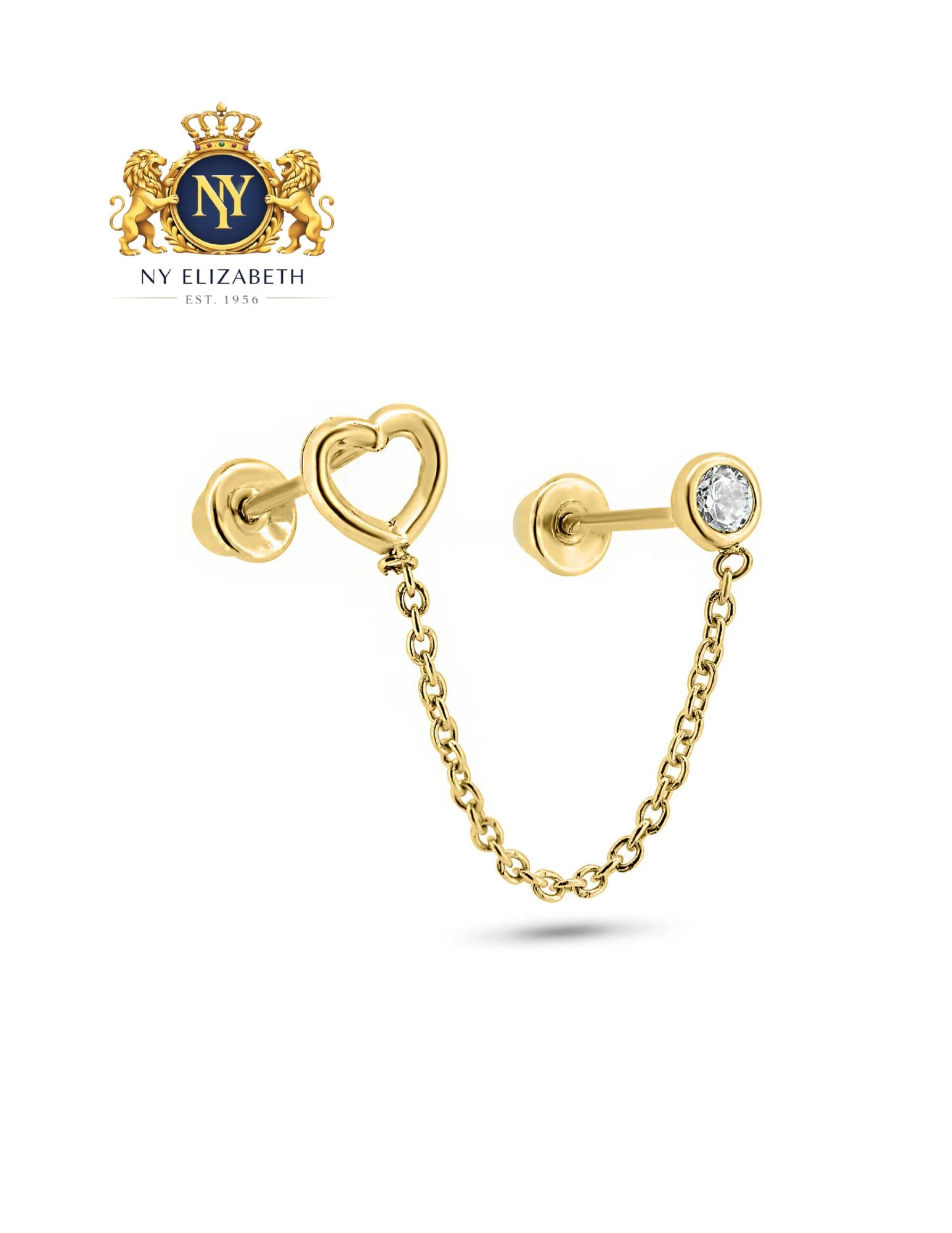 14 KARAT YELLOW GOLD DOUBLE PIERCING HEART OUTLINE AND ROUND EARRINGS: 14 Karat Yellow Gold Double Piercing Heart Outline and Round CZ Earrings Metal: 14 Karat Gold Dimensions: Heart 4.3mm x 4.7mm / 2.8mm /1" Chain Length: None Accessories: None Notice: When purchasing