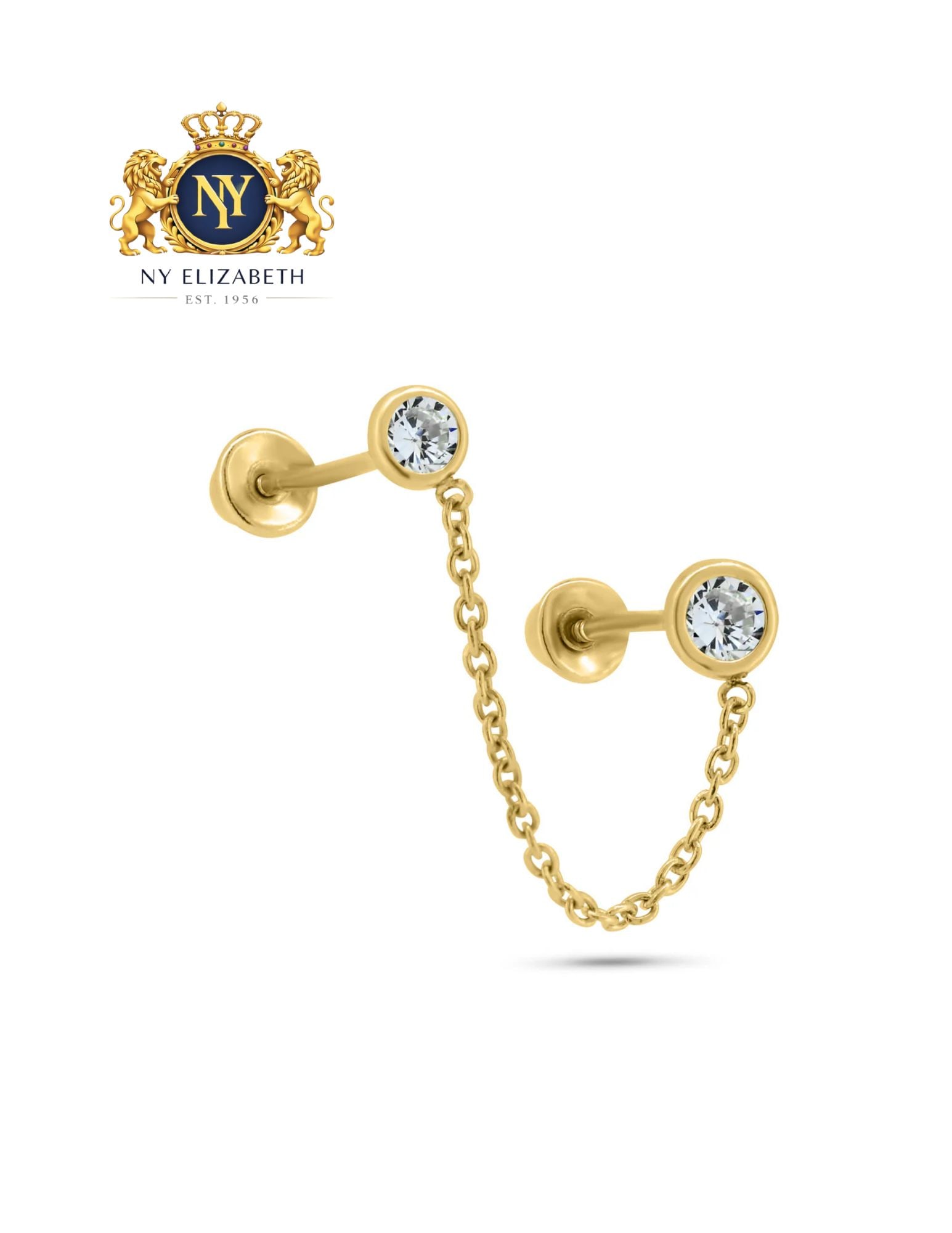 14 KARAT YELLOW GOLD DOUBLE PIERCING CLEAR EARRINGS: 14 Karat Yellow Gold Double Piercing Clear CZ Earrings Metal: 14 Karat Gold Dimensions: 3.5mm / 1" Chain Length: None Accessories: None Notice: When purchasing pre-owned goods, please refer to the