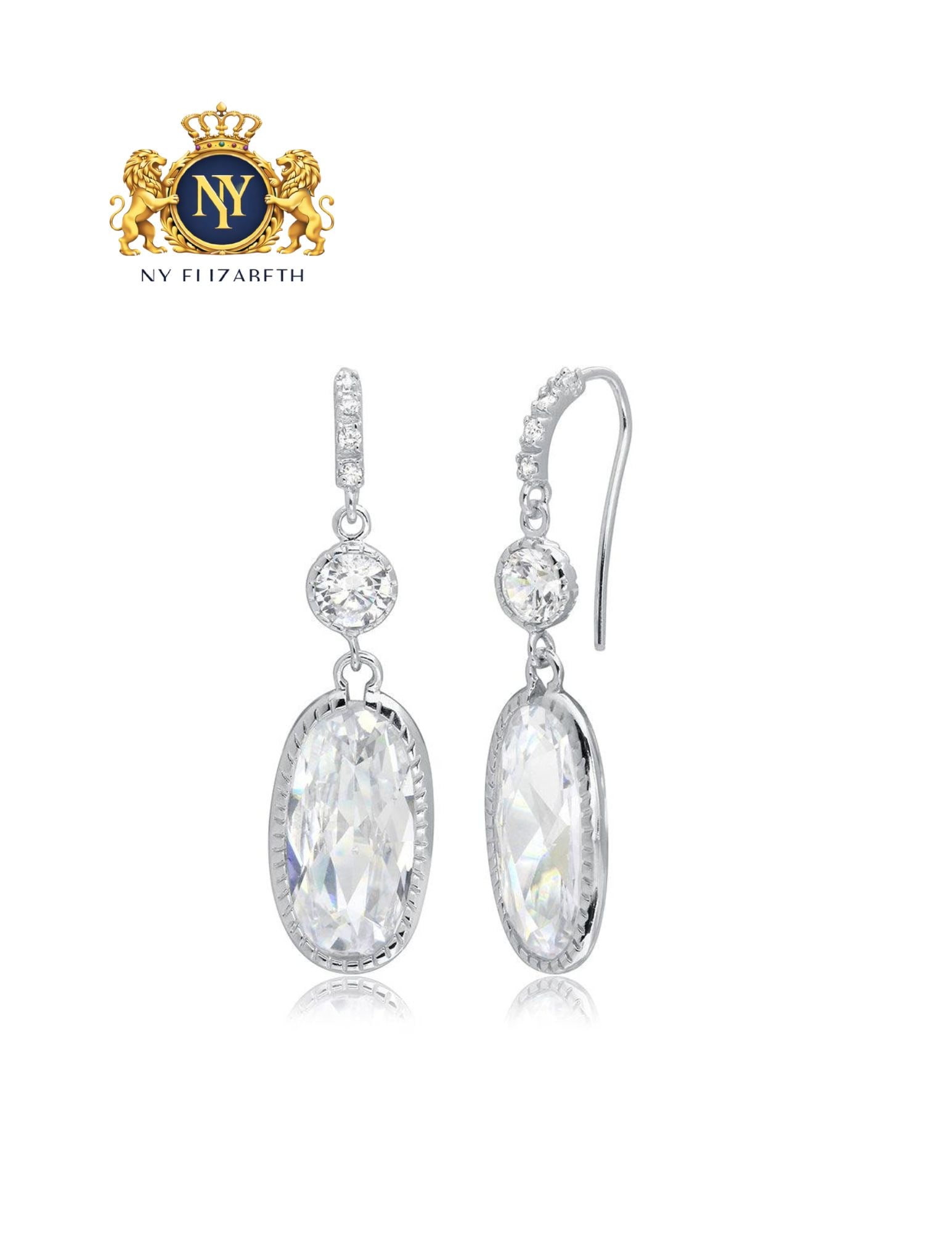 RHODIUM PLATED 925 STERLING SILVER HANGING OVAL EARRINGS: Rhodium Plated 925 Sterling Silver Hanging Oval CZ Earrings Metal: 925 Sterling Silver Plating: Nickel Free Rhodium Plated Stone: Cubic Zirconia Stones Dimensions: Drop: 42mm Length: None Accessor