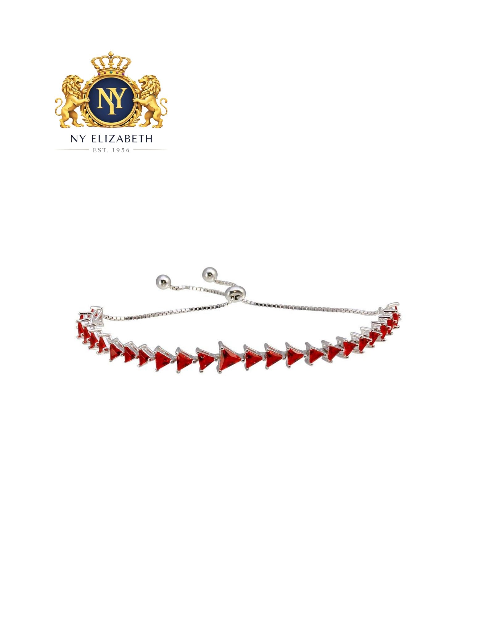 RHODIUM PLATED 925 STERLING SILVER RED TRIANGLE BRACELET: Rhodium Plated 925 Sterling Silver Red CZ Triangle Bracelet Metal: 925 Sterling Silver Plating: Nickel Free Rhodium Plated Stone: Cubic Zirconia Stones Dimensions: 7.3mm Length: Adjustable Length