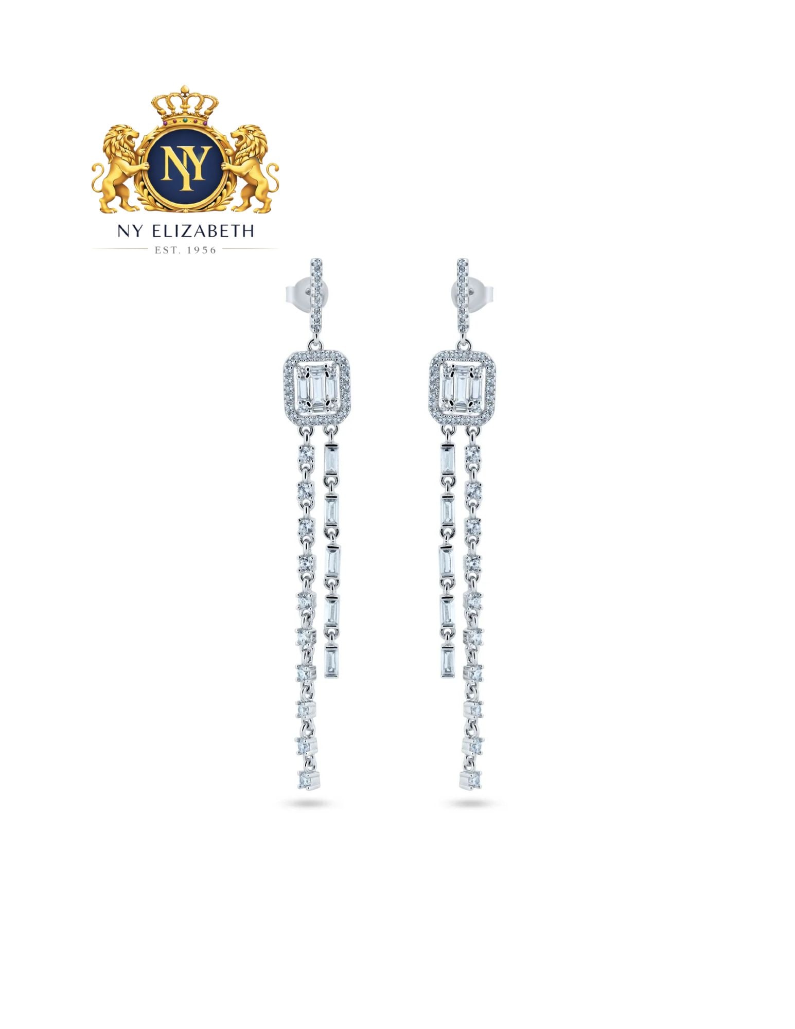 RHODIUM PLATED 925 STERLING SILVER EARRINGS: Rhodium Plated 925 Sterling Silver CZ Earrings Metal: 925 Sterling Silver Plating: Nickel Free Rhodium Plated Stone: Cubic Zirconia Stones Dimensions: 8.7mm x 70.8mm Length: None Accessories: None