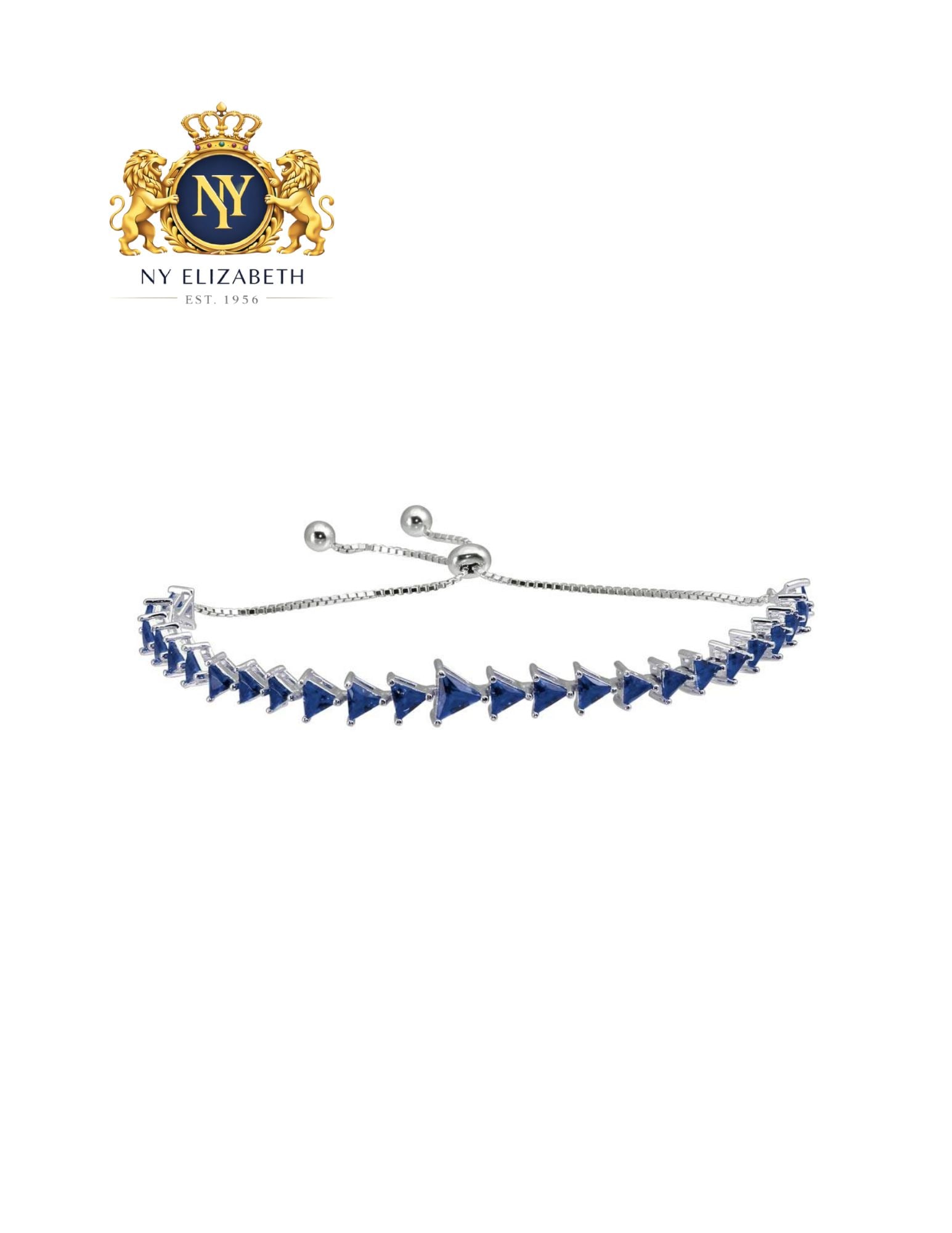 RHODIUM PLATED 925 STERLING SILVER BLUE TRIANGLE BRACELET: Rhodium Plated 925 Sterling Silver Blue CZ Triangle Bracelet Metal: 925 Sterling Silver Plating: Nickel Free Rhodium Plated Stone: Cubic Zirconia Stones Dimensions: 7.3mm Length: Adjustable Length
