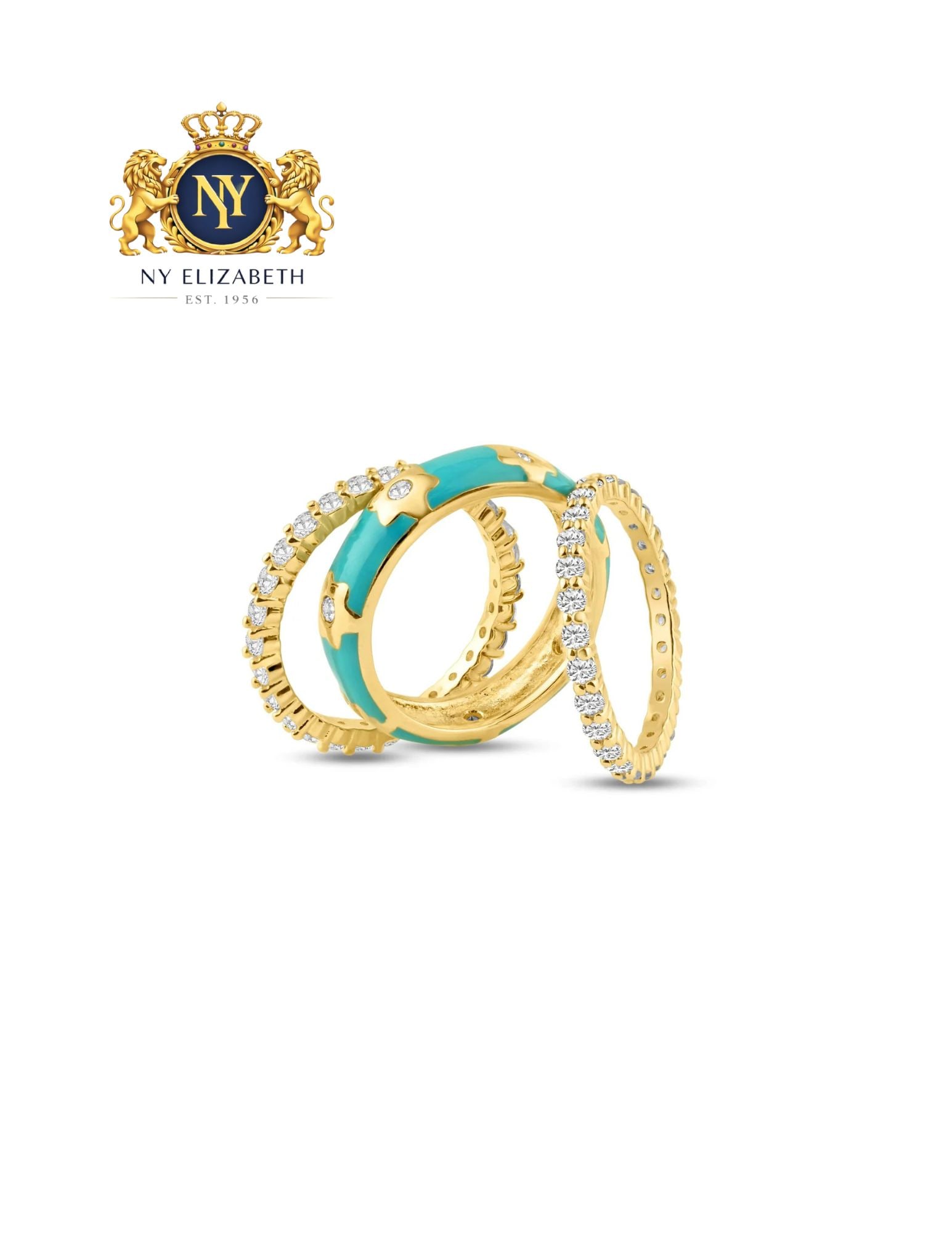 SILVER 925 GOLD PLATED BLUE ENAMEL FLOWER STACKABLE RING SET: Silver 925 Gold Plated Blue Enamel CZ Flower Stackable Ring Set Metal: 925 Sterling Silver Plating: Nickel Free Gold Plated with Turquoise Enamel Stone: Clear CZ Stones Ring Size:: 7 US Accessories: N