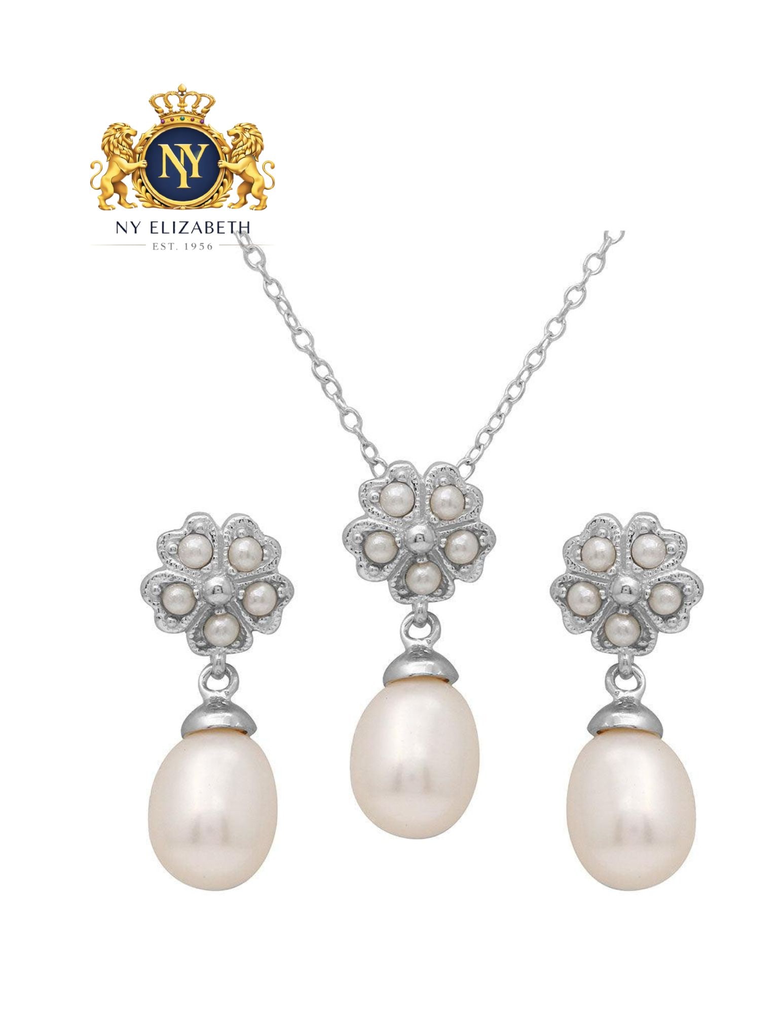 RHODIUM PLATED 925 STERLING SILVER CLOVER LEAF FRESH WATER PEARL SET (1 of 3)