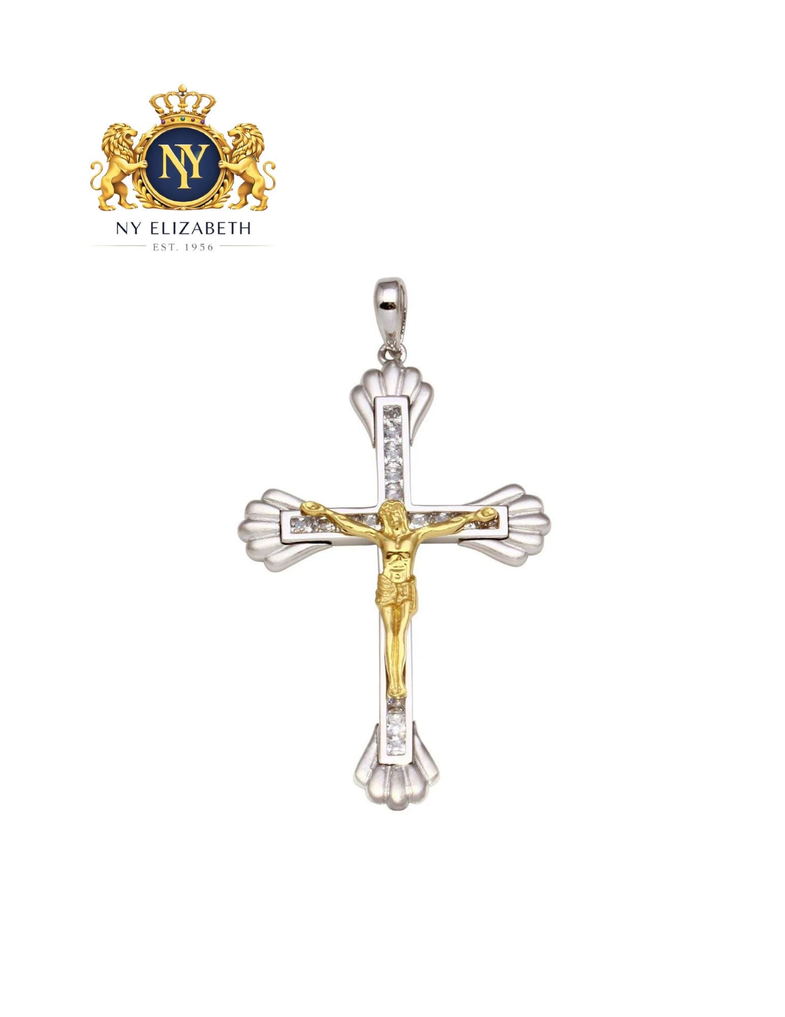 TWO-TONE 925 STERLING SILVER CRUCIFIX PENDANT: Two-Tone 925 Sterling Silver Crucifix Pendant Metal: 925 Sterling Silver Plating: Nickel Free Rhodium Plated Stone: Cubic Zirconia Stones Dimensions: 28mm x 44.8mm Length: Chain Not Included Acces