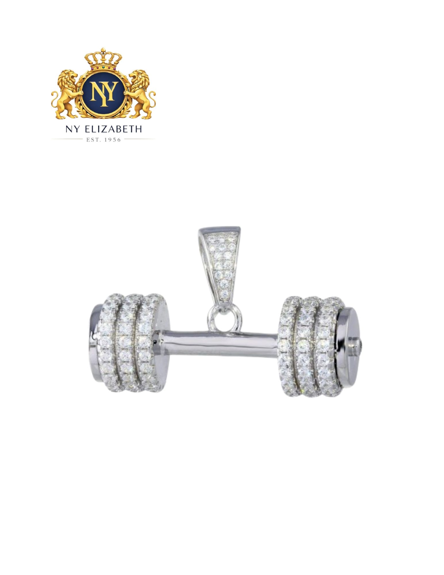 RHODIUM PLATED 925 STERLING SILVER DUMBBELL PENDANT: Rhodium Plated 925 Sterling Silver Dumbbell CZ Pendant Metal: 925 Sterling Silver Plating: Nickel Free Rhodium Plated Stone: Cubic Zirconia Stones Dimensions: Pendant Dimension: 12mm x 33mm Length: No
