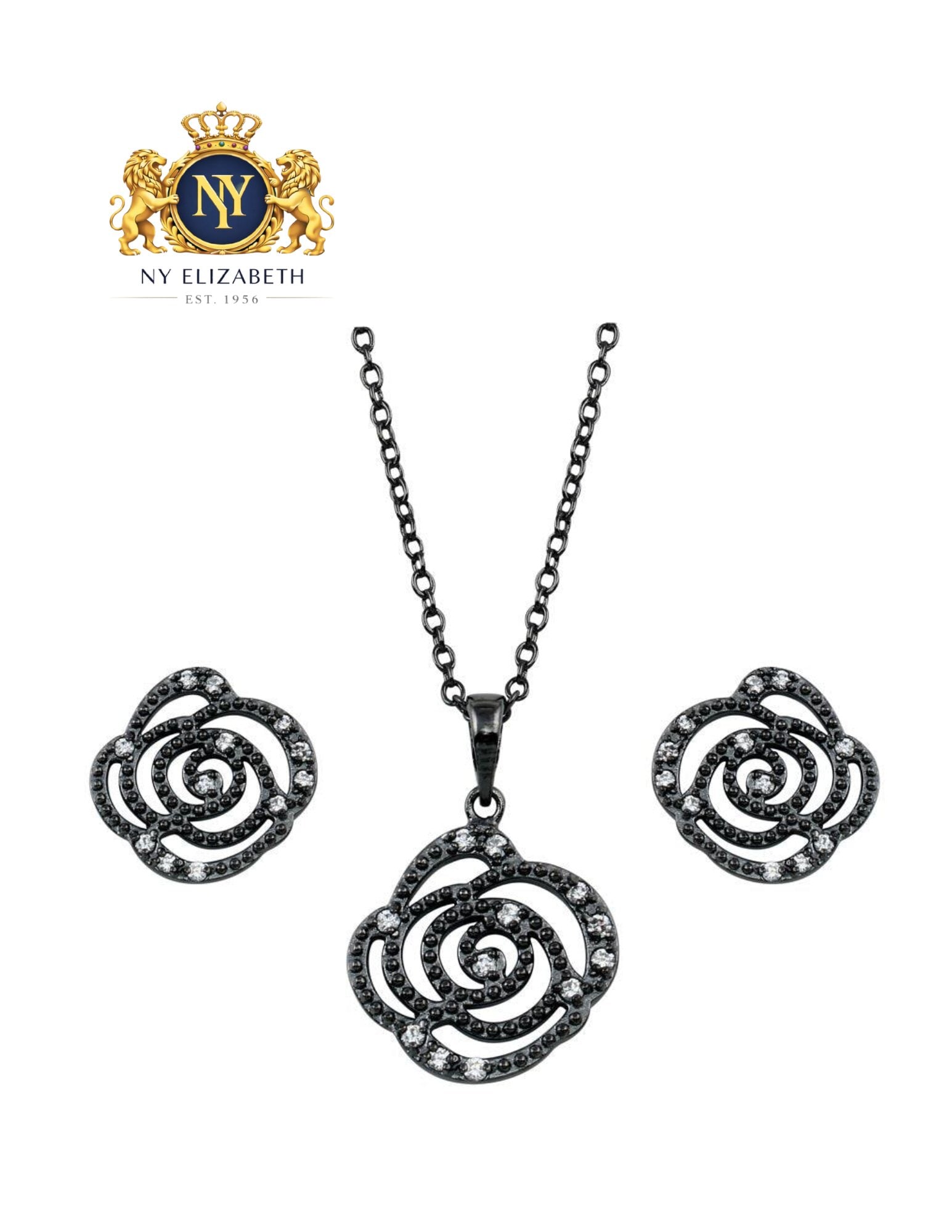 BLACK RHODIUM PLATED 925 STERLING SILVER ROSE CLEAR SET: Black Rhodium Plated 925 Sterling Silver Rose Clear CZ Set Metal: 925 Sterling Silver Plating: Nickel Free Rhodium Plated Stone: Clear CZ Stones Length: 16 + 2 Inches Extension Accessories: None No