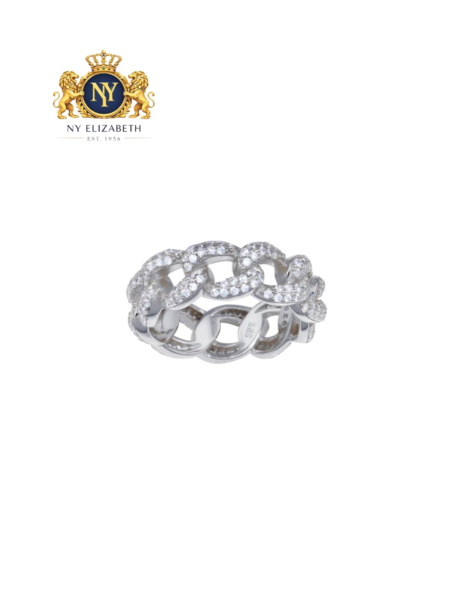 RHODIUM PLATED 925 STERLING SILVER CURB DESIGN LINK RING: Rhodium Plated 925 Sterling Silver Curb Design Link Ring Metal: 925 Sterling Silver Plating: Nickel Free Rhodium Plated Stone: Clear CZ Ring Size:: 5 US Accessories: None Notice: When purchasing pr