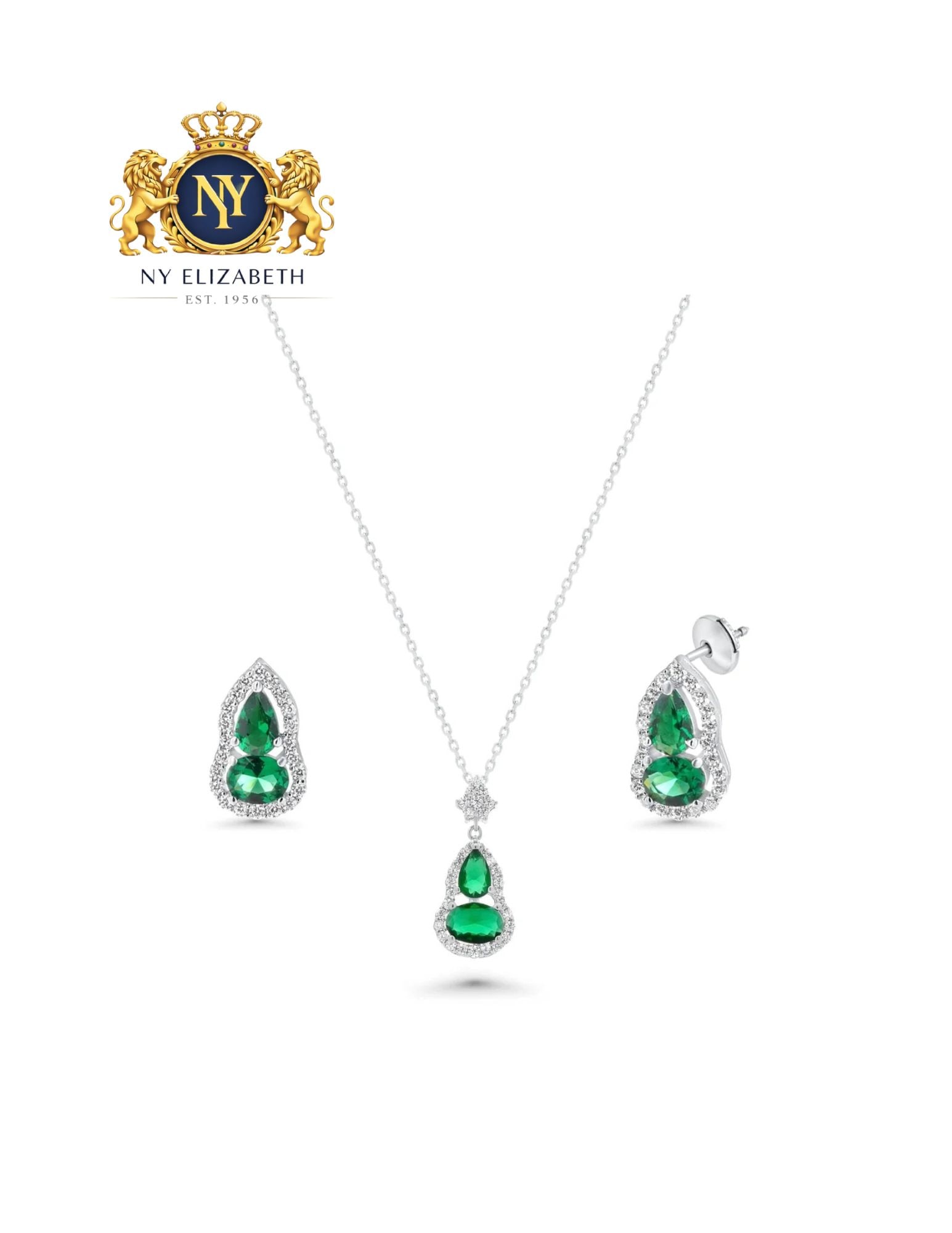 RHODIUM PLATED 925 STERLING SILVER EARRING AND NECKLACE: Rhodium Plated 925 Sterling Silver CZ Earring and Necklace Metal: 925 Sterling Silver Plating: Rhodium Plated Stone: Clear and Green CZ Stones Dimensions: Pendant: 22mm x 14.5mmEarrings: 12.7mm 7.7mm 