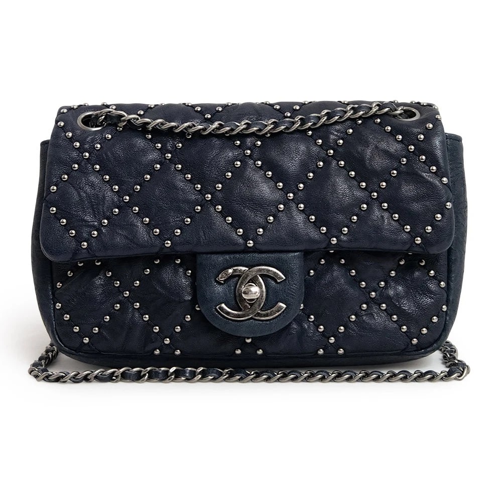 CHANEL MINI STUDS SHOULDER BAG: CHANEL Mini Studs Shoulder Bag Brand: CHANEL Type/Style: Shoulder Bag Material: Lambskin (Sheepskin) Color: Navy Size: W:20cm x H:12cm x D:4.5cm Accessories: None Accessories Notice: When purchasing