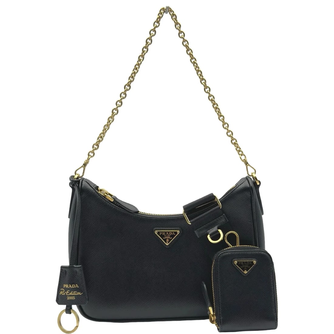 PRADA RE-EDITION SHOULDER BAG BLACK GHW SAFFIANO: PRADA Re-Edition Shoulder Bag Black GHW Saffiano Brand: PRADA Type/Style: Shoulder Bag Material: Saffiano Leather Color: Black / GD Hardware Size: W: 22cm / H: 16.5cm / D: 6.5cm Accessories: None