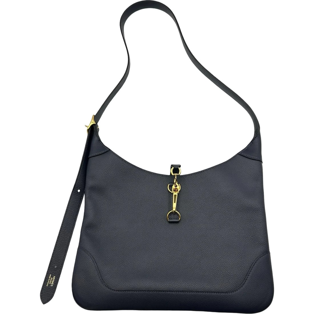 HERMES TRIM 31 Y STAMP BLUE NUIT GHW SHOULDER BAG: HERMES Trim 31 Y Stamp Blue Nuit GHW Shoulder Bag Brand: HERMES Type/Style: Shoulder Bag Material: Evercolor Color: Blue Nuit / GD Hardware Size: W: 29cm / H: 29cm / D: 1cm Accessories: None <