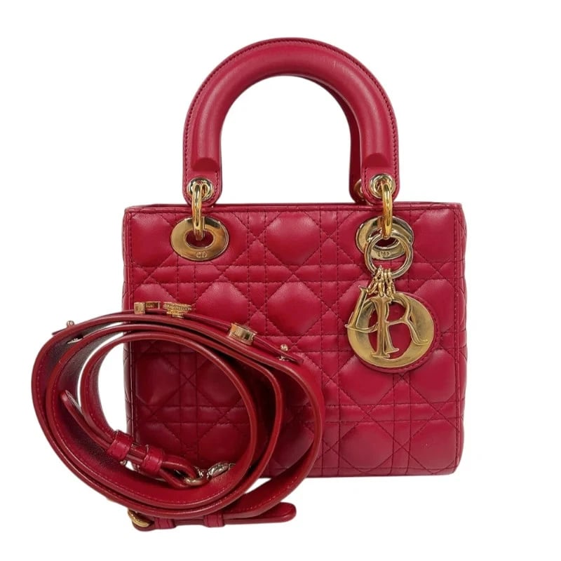 CHRISTIAN DIOR LADY DIOR RED GHW LAMBSKIN HANDBAG: Christian Dior Lady Dior Red GHW Lambskin Handbag Brand: Christian Dior Type/Style: Handbag Material: Lamb Leather Color: Red / GD Hardware Size: W: 21cm / H: 17.5cm / D: 9.5cm Accessories: None <