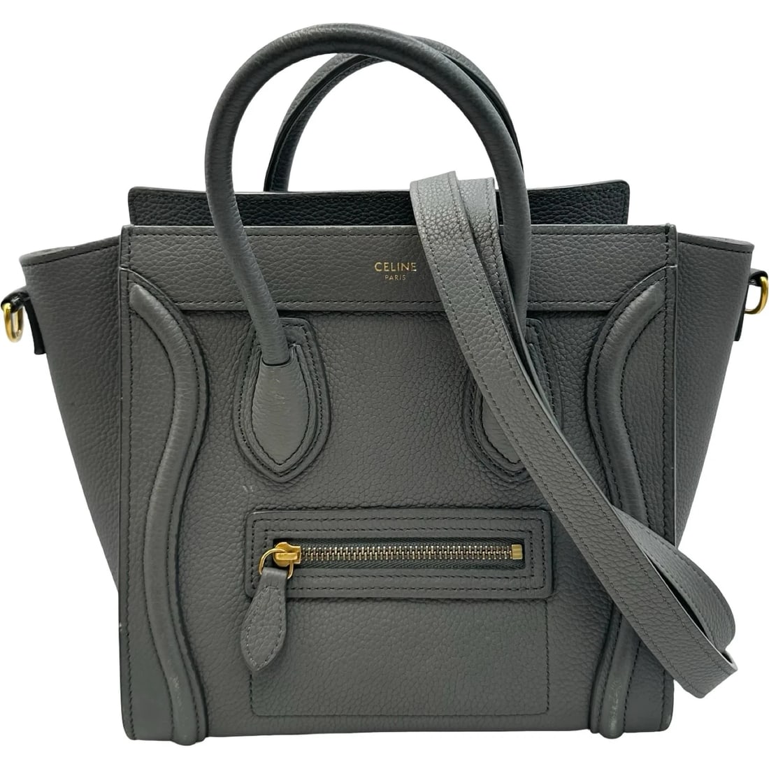 CELINE GREY DRUMMED CALFSKIN SHOULDER BAG: CELINE Grey Drummed Calfskin Shoulder Bag Brand: CELINE Type/Style: Shoulder Bag Material: Drummed Calfskin Color: Gray / GD Hardware Size: W: 26.5cm / H: 20.5cm / D: 9cm Accessories: None
