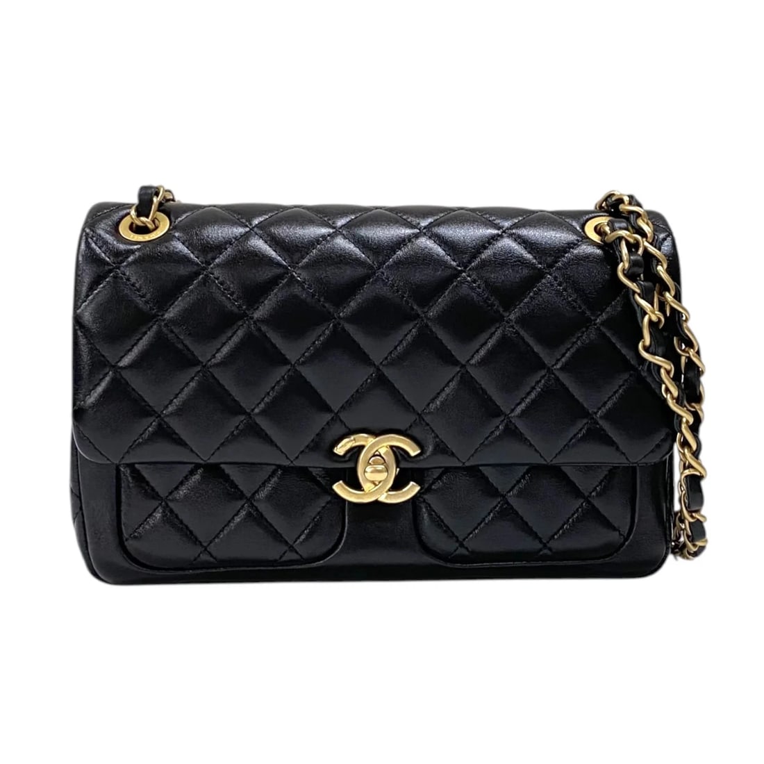 CHANEL FLAP BAG BLACK GHW LAMBSKIN SHOULDER BAG (1 of 4)
