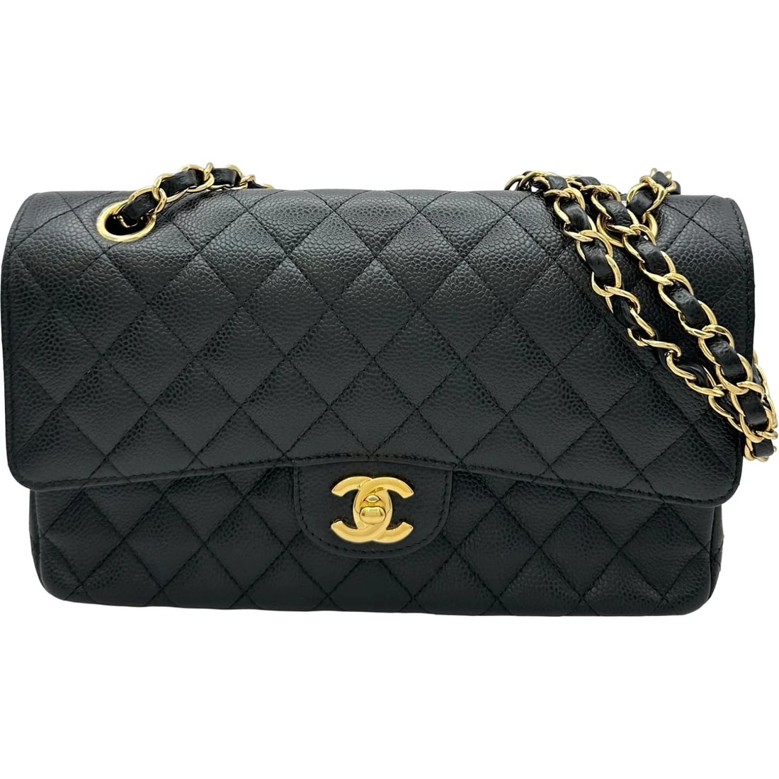 CHANEL 25 SERIES BLACK GHW CAVIAR SKIN SHOULDER BAG: CHANEL 25 Series Black GHW Caviar Skin Shoulder Bag Brand: CHANEL Type/Style: Shoulder Bag Material: Caviar Skin Color: Black / GD Hardware Size: W: 25.5cm / H: 16cm / D: 6cm Accessories: None