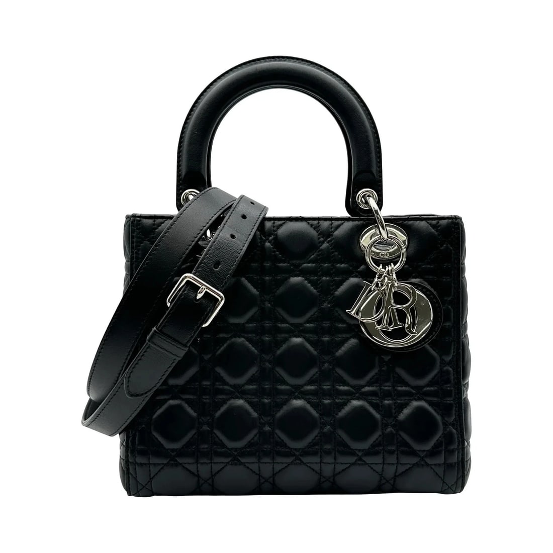 CHRISTIAN DIOR LADY DIOR BLACK LAMBSKIN SHOULDER BAG: Christian Dior Lady Dior Black Lambskin Shoulder Bag Brand: Christian Dior Type/Style: Shoulder Bag Material: Lambskin Color: black Size: W: 23cm / H: 21cm / D: 12cm Accessories: None Accessories