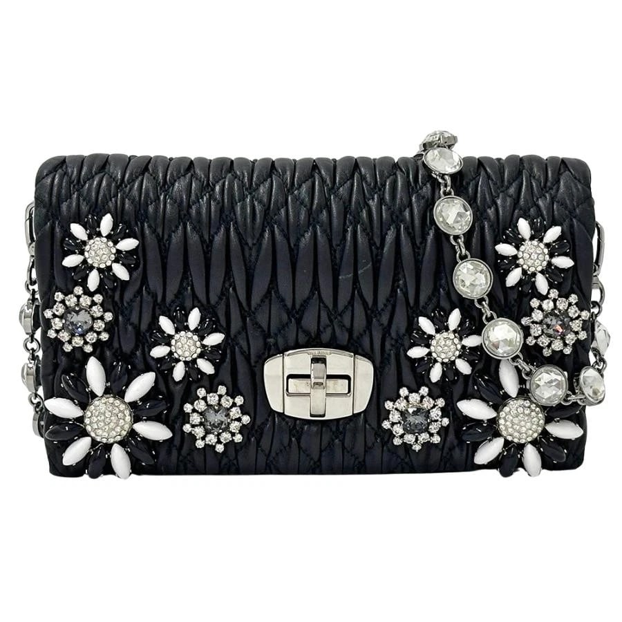 MIU MIU MATELASSE SHOULDER BAG BLACK FLOWER BIJOU: Miu Miu Matelasse Shoulder Bag Black Flower Bijou Brand: Miu Miu Type/Style: Shoulder Bag Material: Leather Color: Black Size: W: 20cm / H: 13cm / D: 5.5cm Accessories: None Accessories Notice: When