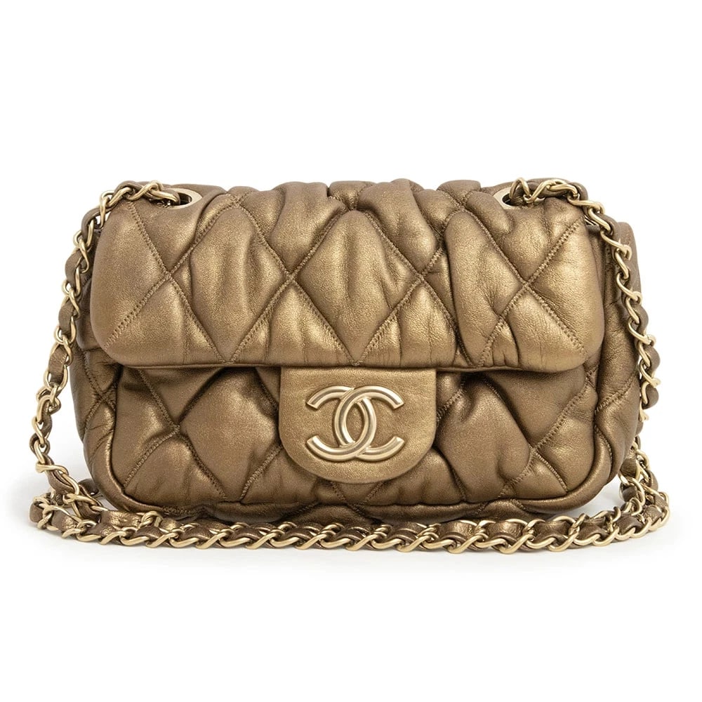CHANEL BUBBLE QUILT MATELASSE SHOULDER BAG: CHANEL Bubble Quilt Matelasse Shoulder Bag Brand: CHANEL Type/Style: Shoulder Bag Material: Lambskin (Sheepskin) Color: Gold Size: W:19cm x H:14.5cm x D:5.5cm Accessories: None Accessories