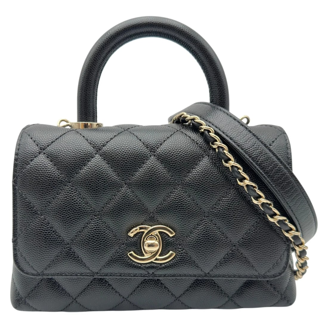 CHANEL COCO HANDLE BLACK GHW CAVIAR SKIN SHOULDER BAG: CHANEL Coco Handle Black GHW Caviar Skin Shoulder Bag Brand: CHANEL Type/Style: Shoulder Bag Material: Caviar Skin Color: Black / GD Hardware Size: W: 19.0cm / H: 13.0cm / D: 8.5cm Accessories: None