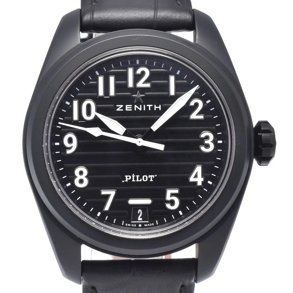 ZENITH PILOT WATCH DATE AUTOMATIC WATCH: Zenith Pilot Watch Date Automatic Watch Brand: ZENITH Type/Style: Wristwatch Material: Band Material leather, Case Material ceramic Color: Case Color black, Band Color black, Dial Color black Size: