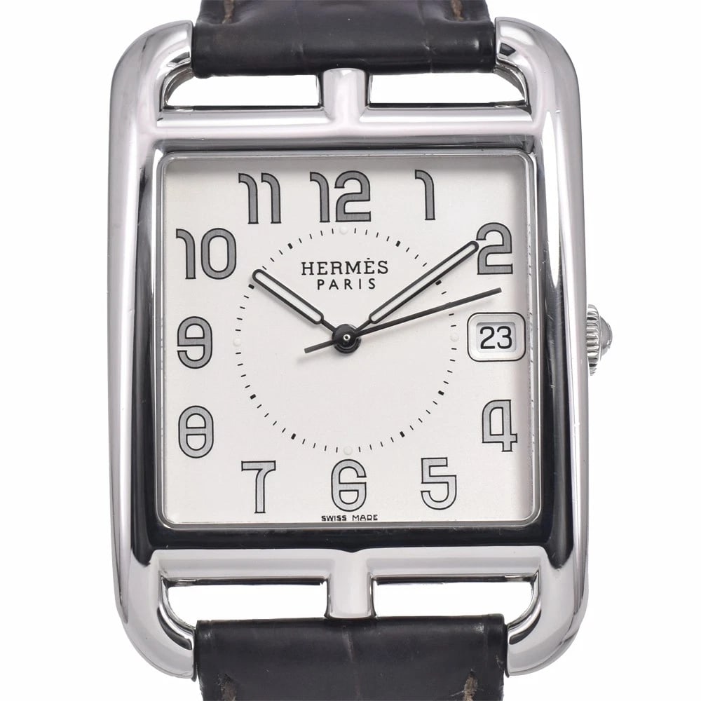 HERMES CAPE COD DATE SILVER DIAL QUARTZ WATCH: Hermes Cape Cod Date Silver Dial Quartz Watch Brand: HERMES Type/Style: Wristwatch Material: Band Material leather, Case Material Stainless Steel Color: Case Color Silver, Band Color black, Dial