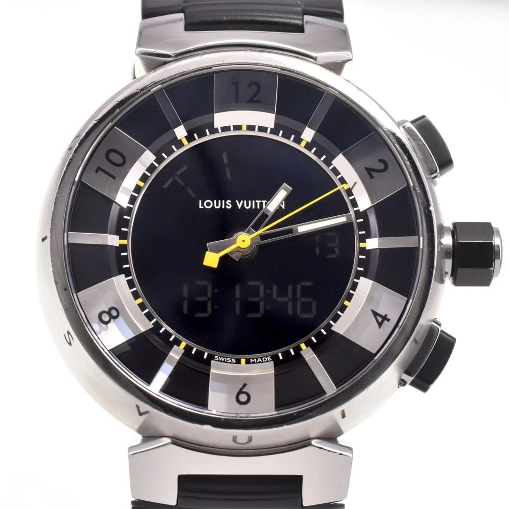 LOUIS VUITTON TAMBOUR IN BLACK ANALOG&DIGITAL QUARTZ WATCH: Louis Vuitton Tambour In Black Analog&Digital Quartz Watch Brand: LOUIS VUITTON Type/Style: Wristwatch Material: Band Material rubber, Case Material Stainless Steel Color: Case Color Silver, Band