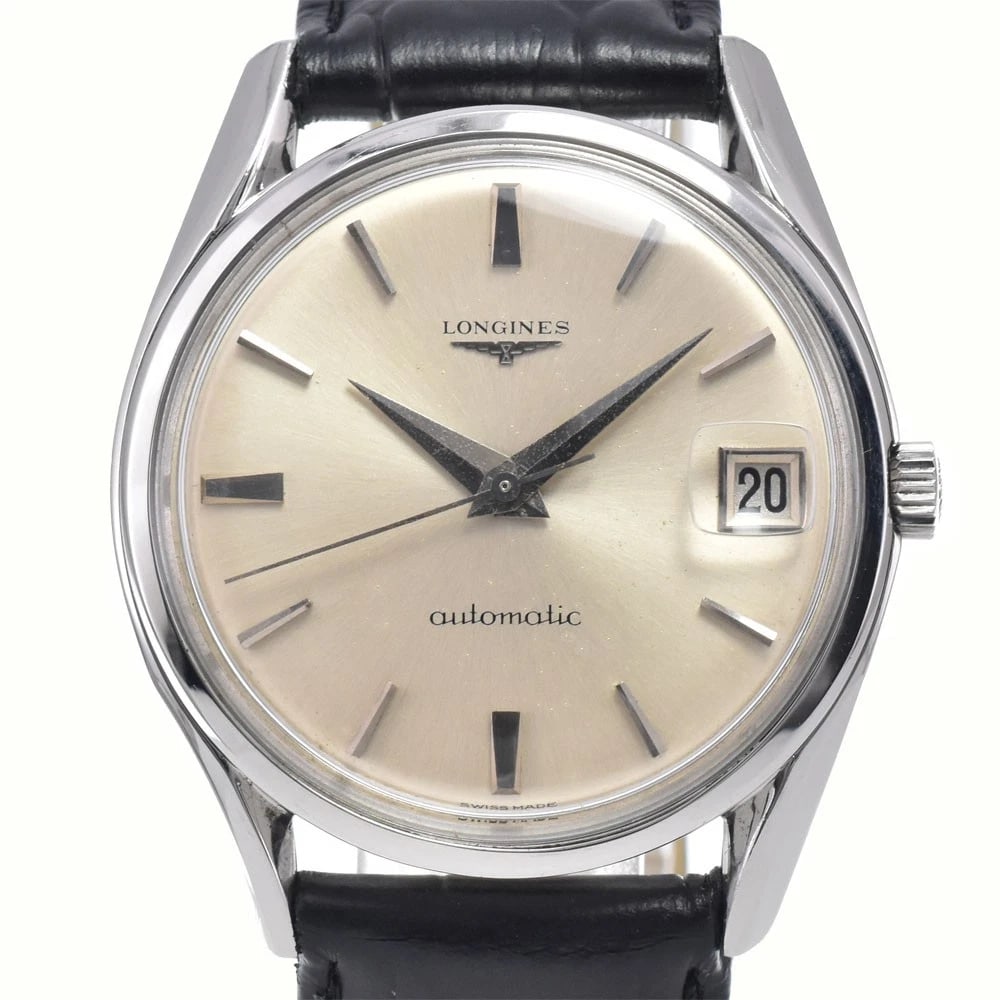 LONGINES DATE SILVER DIAL AUTOMATIC WATCH: Longines Date Silver Dial Automatic Watch Brand: LONGINES Type/Style: Wristwatch Material: Band Material leather, Case Material Stainless Steel Color: Case Color Silver, Band Color black, Dial Color