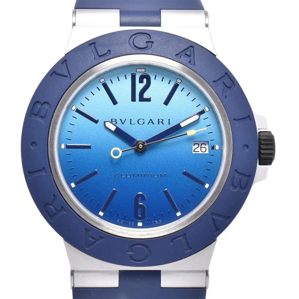 BVLGARI ALUMINIUM CAPRI HMS BLUE DIAL WATCH: Bvlgari Aluminium Capri Hms Blue Dial Watch Brand: BVLGARI Type/Style: Wristwatch Material: Band Material rubber, Case Material Aluminum / rubber Color: Case Color Silver / Blue, Band Color Silver /