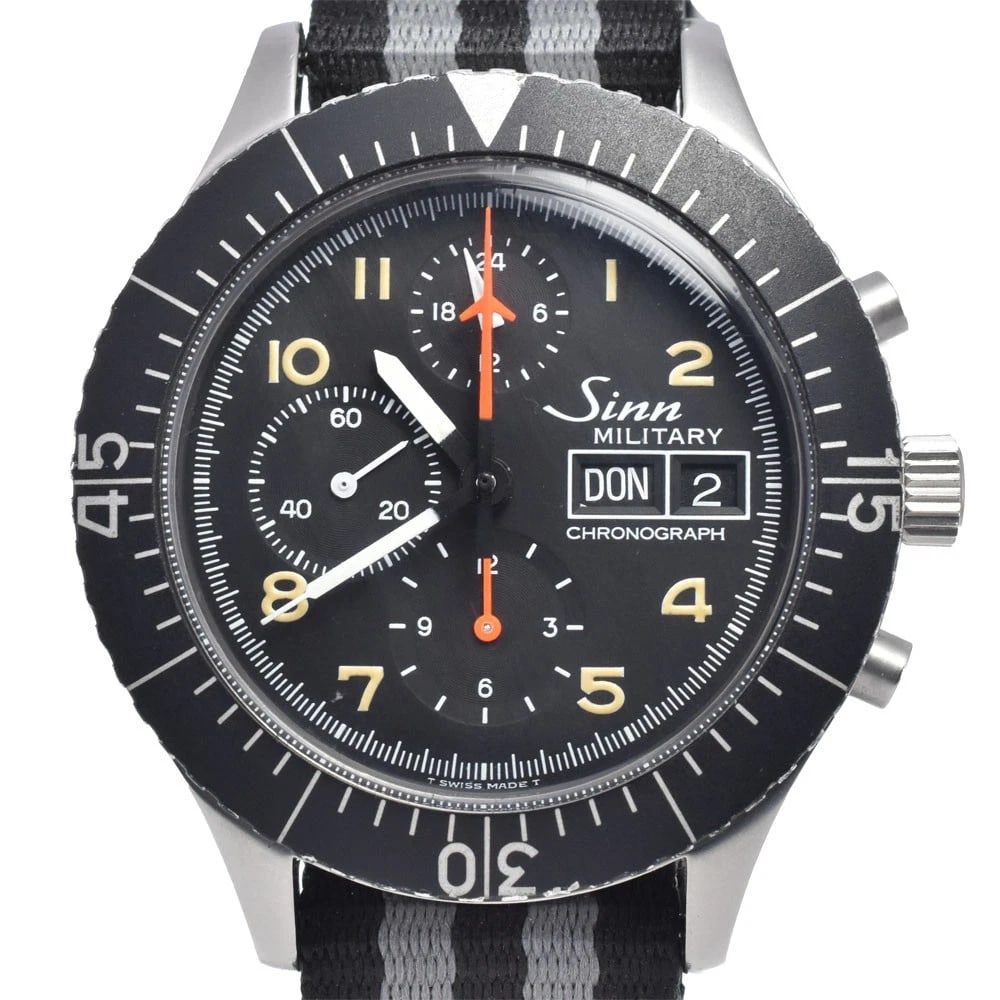 SINN MILITARY CHRONOGRAPH AUTOMATIC WATCH: Sinn Military Chronograph Automatic Watch Brand: Sinn Type/Style: Wristwatch Material: Band Material Nylon, Case Material Stainless Steel Color: Case Color Silver, Band Color black, Dial Color black