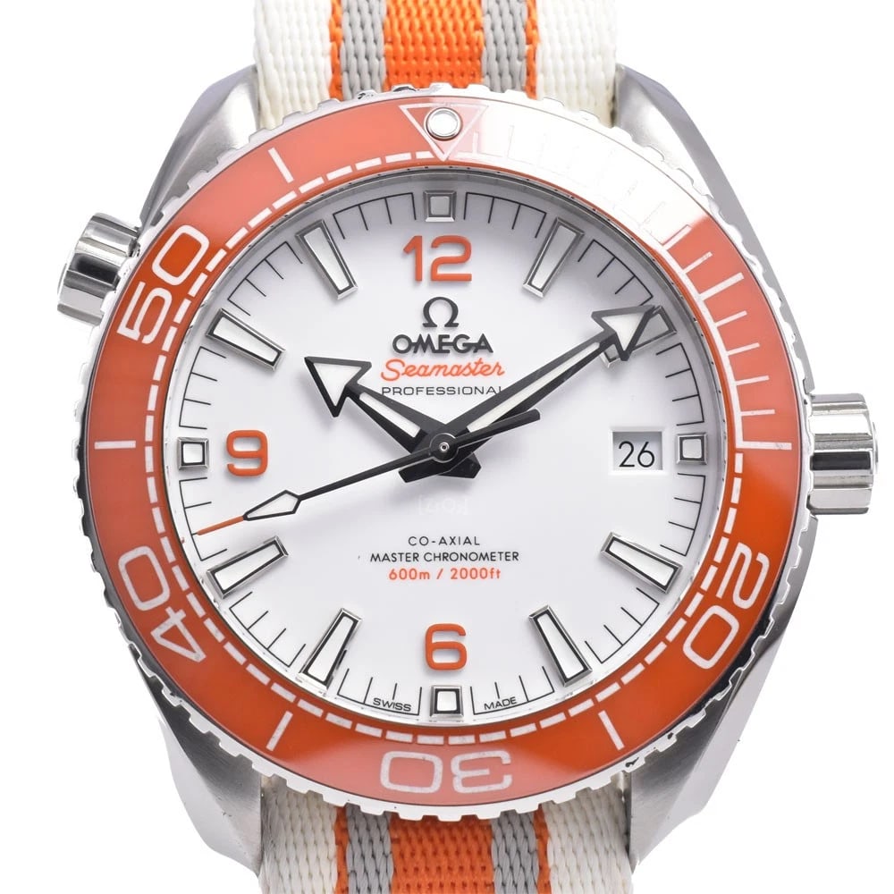 OMEGA SEAMASTER PLANET OCEAN WATCH: Omega Seamaster Planet Ocean Watch Brand: OMEGA Type/Style: Wristwatch Material: Band Material Nylon, Case Material Stainless Steel Color: Case Color Silver, Band Color White / orange, Dial Color whit