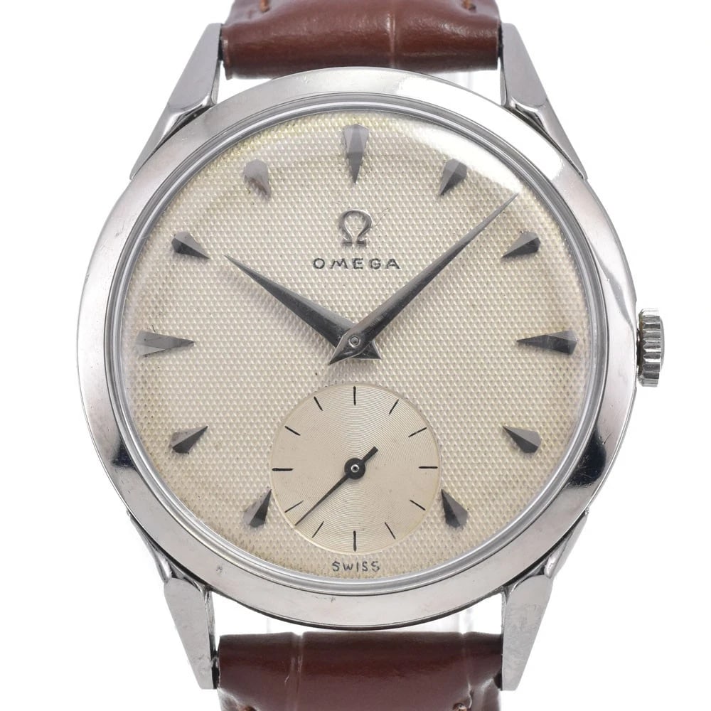 OMEGA .SILVER DIAL HAND WINDING WATCH: Omega .Silver Dial Hand Winding Watch Brand: OMEGA Type/Style: Wristwatch Material: Band Material leather, Case Material Stainless Steel Color: Case Color Silver, Band Color Brown, Dial Color Silver