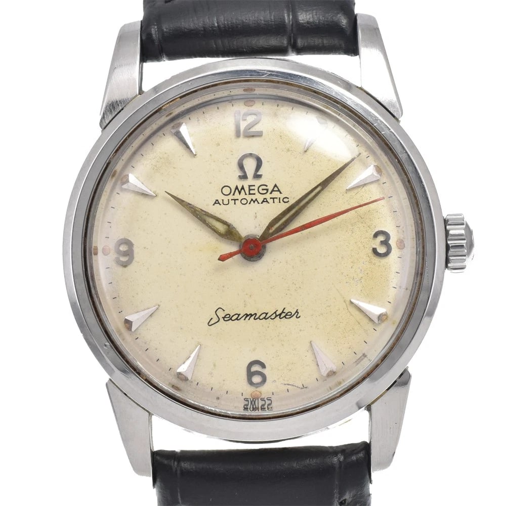 OMEGA SEAMASTER AUTOMATIC WATCH: Omega Seamaster Automatic Watch Brand: OMEGA Type/Style: Wristwatch Material: Band Material leather, Case Material Stainless Steel Color: Case Color Silver, Band Color black, Dial Color Silver Size: C