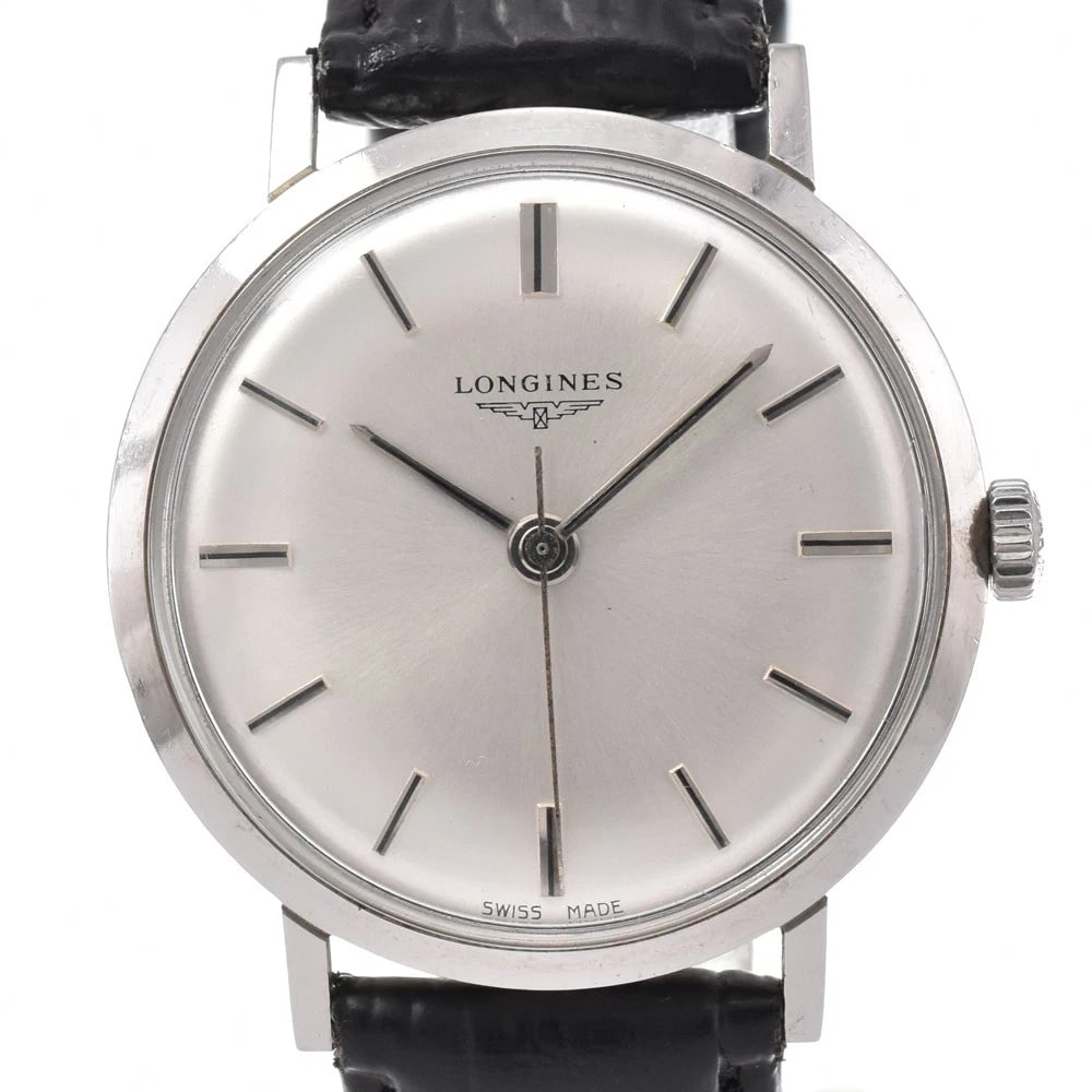 LONGINES SILVER DIAL HAND WINDING WATCH: Longines Silver Dial Hand Winding Watch Brand: LONGINES Type/Style: Wristwatch Material: Band Material leather, Case Material Stainless Steel Color: Case Color Silver, Band Color black, Dial Color