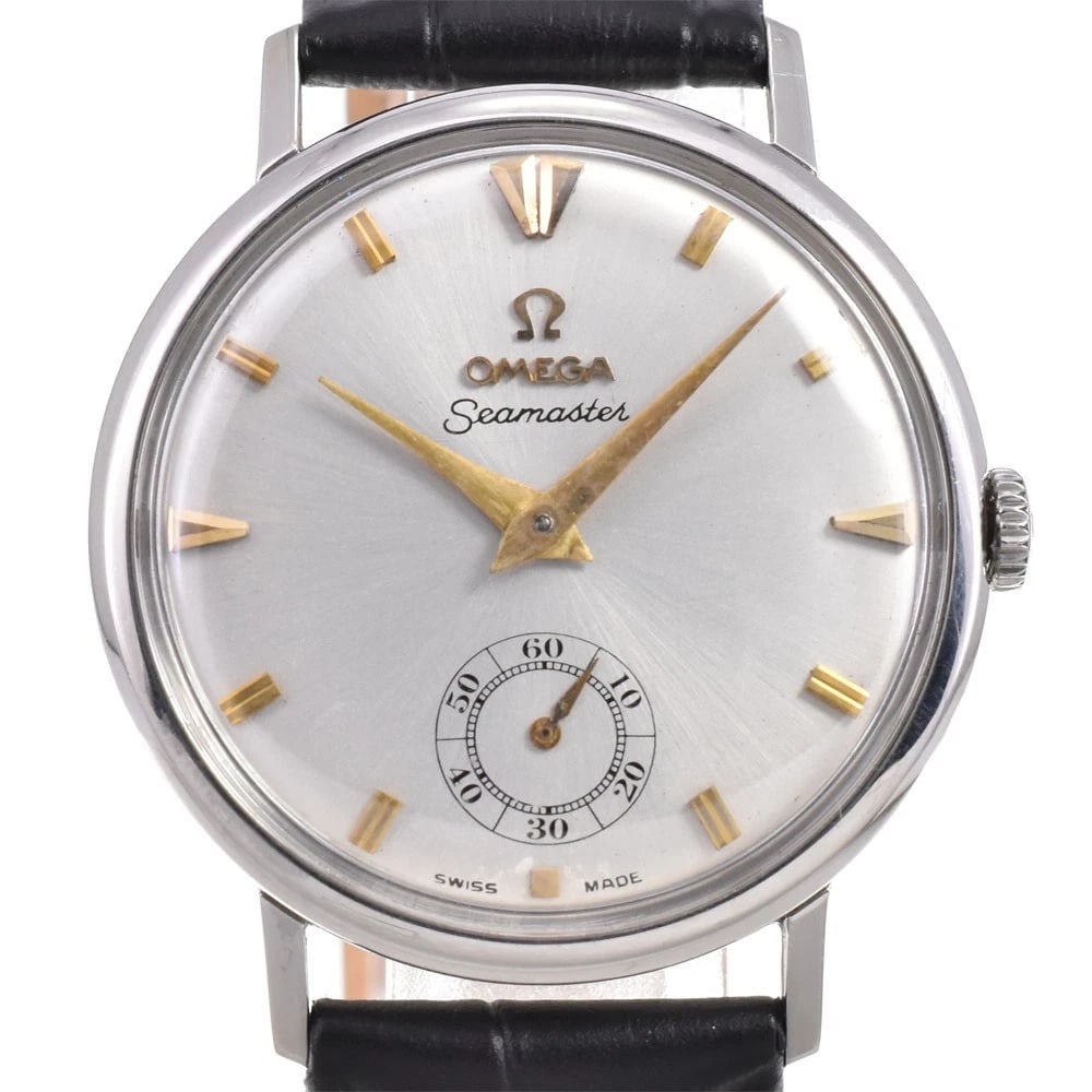 OMEGA SEAMASTER DATE HAND WINDING WATCH: Omega Seamaster Date Hand Winding Watch Brand: OMEGA Type/Style: Wristwatch Material: Band Material leather, Case Material Stainless Steel Color: Case Color Silver, Band Color black, Dial Color