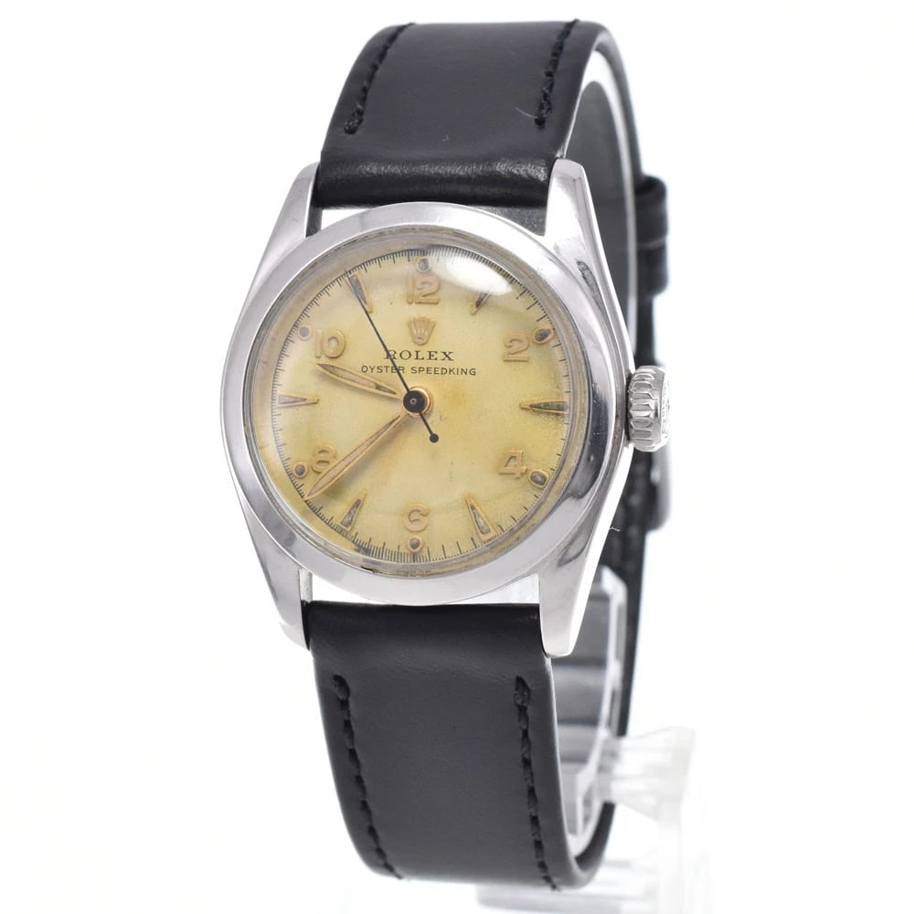 ROLEX OYSTER SPEED KING SUPER OYSTER CROWN WATCH: Rolex Oyster Speed King Super Oyster Crown Watch Brand: ROLEX Type/Style: Wristwatch Material: Band Material leather, Case Material Stainless Steel Color: Case Color Silver, Band Color black, Dial