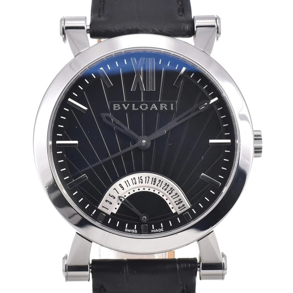 BVLGARI SOTIRIO RETROGRADE AUTOMATIC WATCH: Bvlgari Sotirio Retrograde Automatic Watch Brand: BVLGARI Type/Style: Wristwatch Material: Band Material leather, Case Material Stainless Steel Color: Case Color Silver, Band Color black, Dial Color