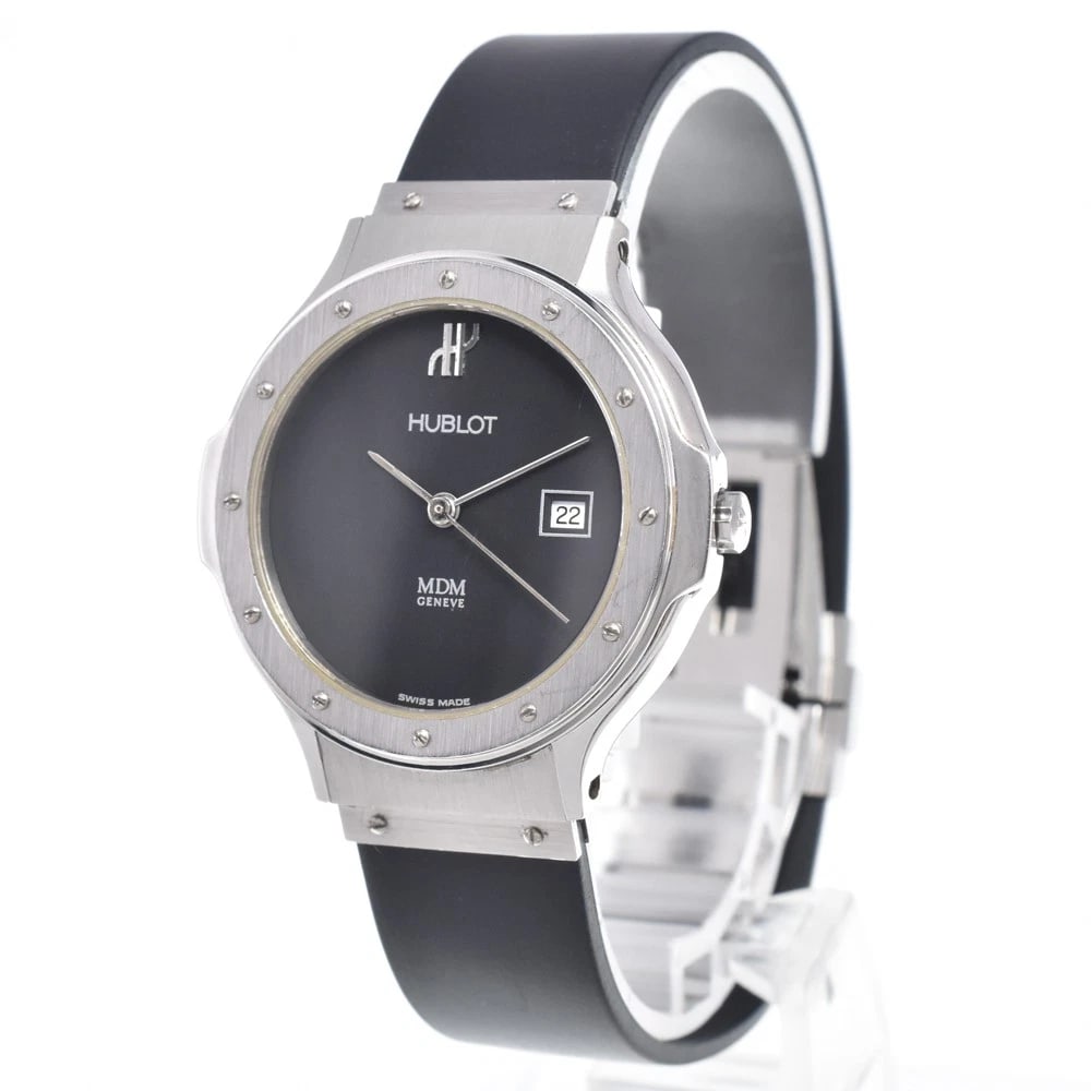 HUBLOT DATE BLACK DIAL QUARTZ LADIES WATCH: Hublot Date Black Dial Quartz Ladies Watch Brand: HUBLOT Type/Style: Wristwatch Material: Band Material rubber, Case Material Stainless Steel Color: Case Color Silver, Band Color black, Dial Color bla